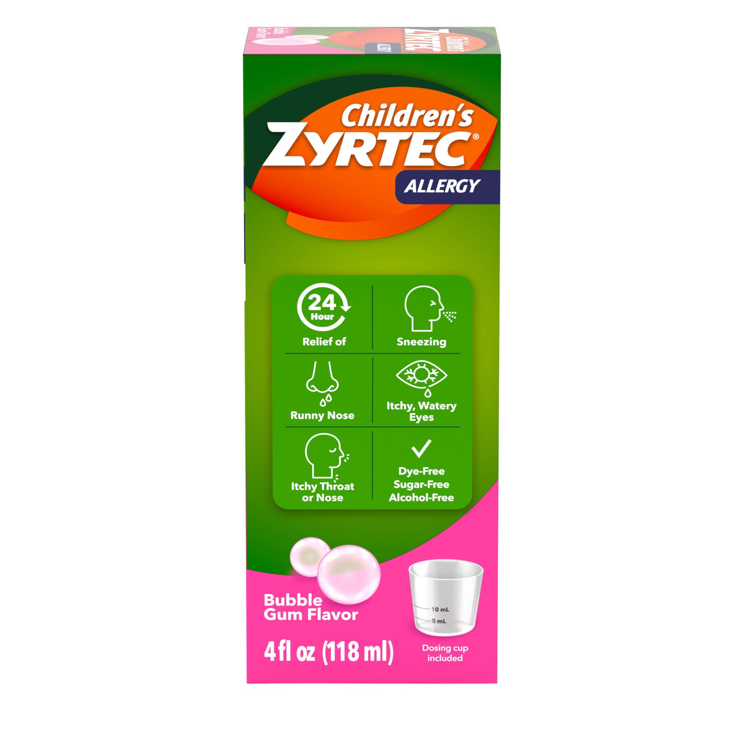 Zyrtec Children's 24 Hour Allergy Relief Syrup, Cetirizine Hydrochloride Antihistamine, Allergy Medicine for Indoor & Outdoor Allergy Relief, Dye- & Sugar-Free, Bubble Gum, 4 fl. oz