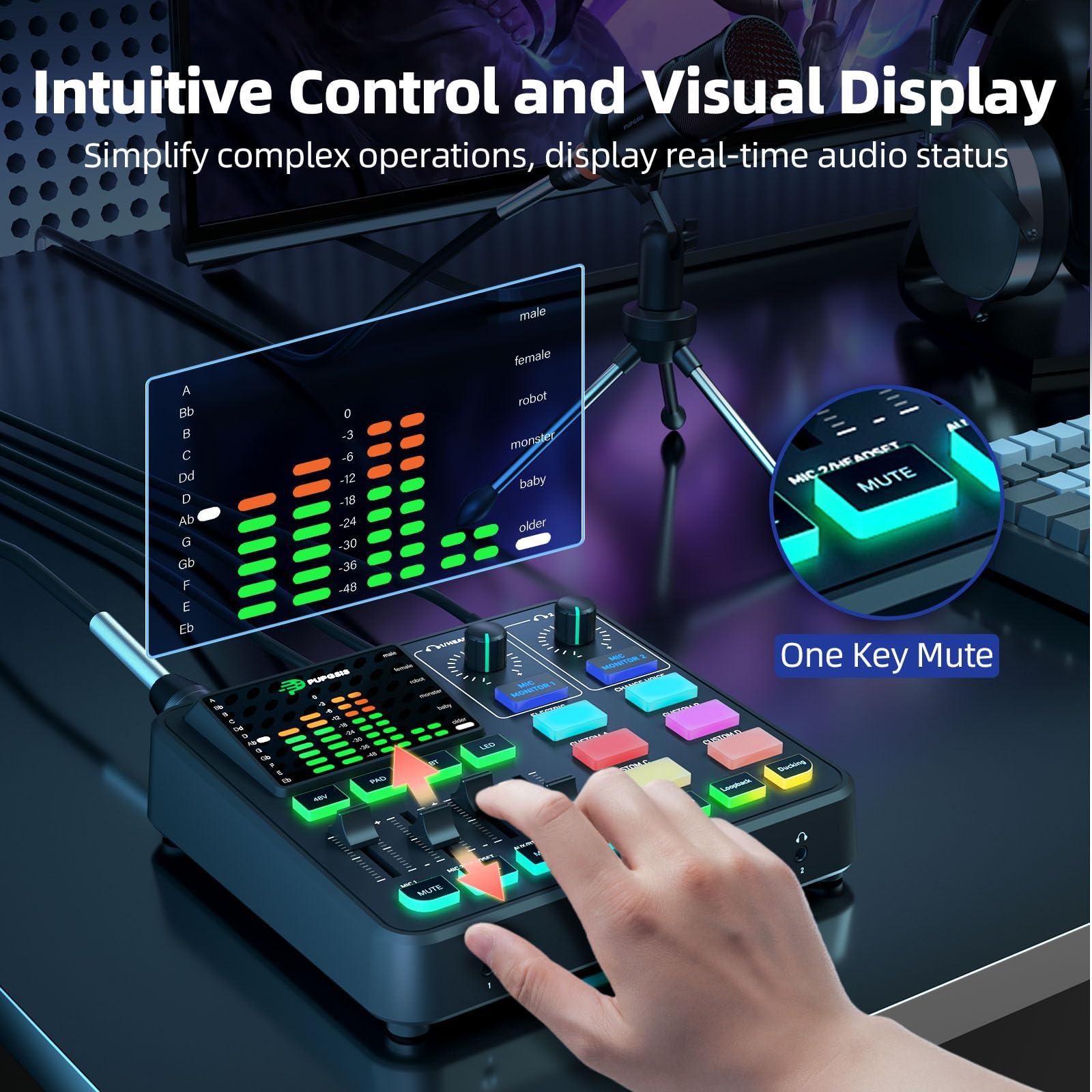PUPGSIS Gaming Audio Mixer, Audio Interface for PC/Podcast/Streaming, Sound Board with 3.5mm/XLR Mic Input, 48V Phantom Power, Voice Changer, Live Sound Card with DJ Mixer Effects/Bluetooth/4 Channel - Image 6