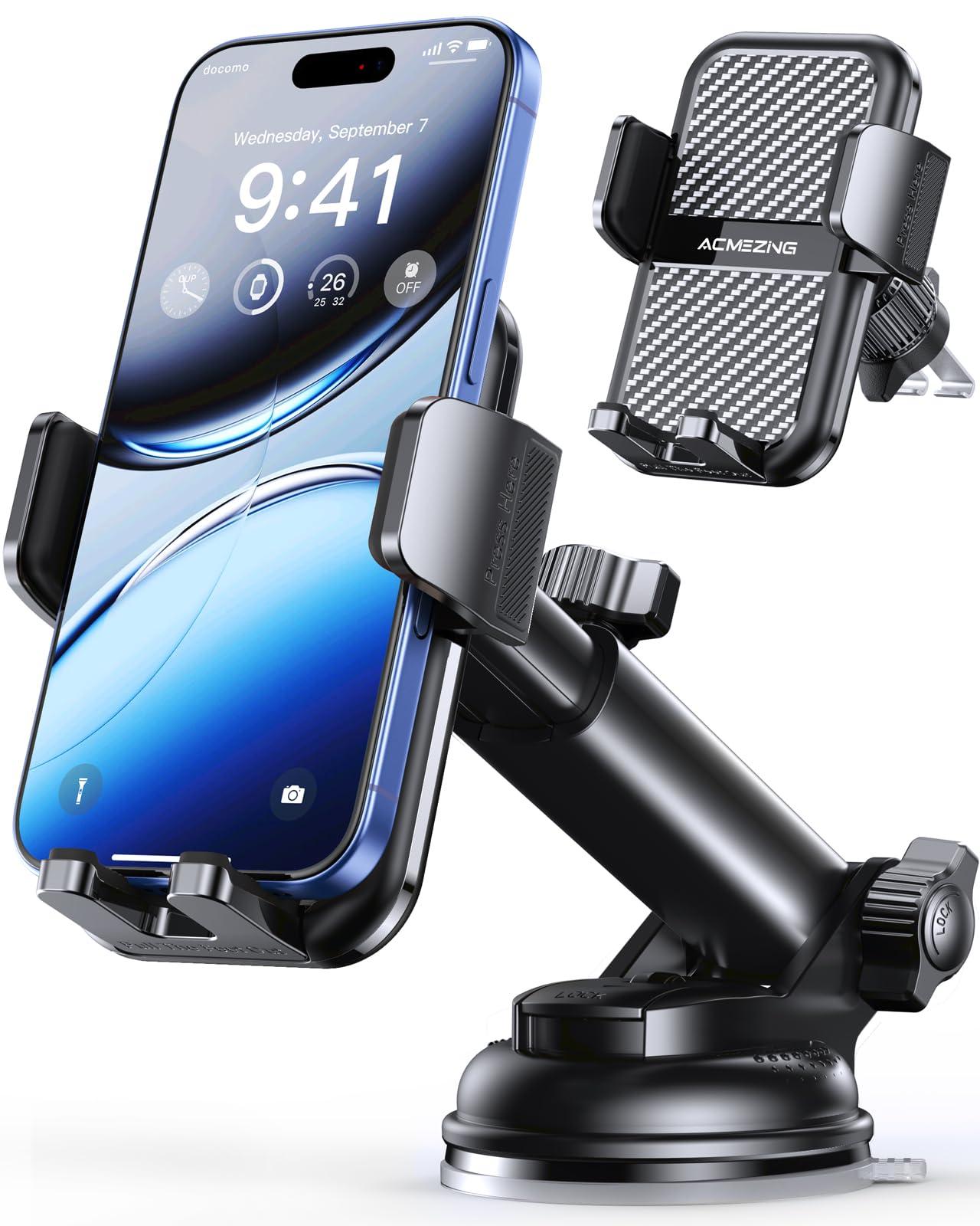 3-in-1 Car Phone Holder [122+LBS Strongest Suction & Stable Clamp Arm] 360° Adjustable Car Phone Mount, Cell Phone Holders for Your Car for Dashboard Vent, All Smartphones & Car Models (Black)