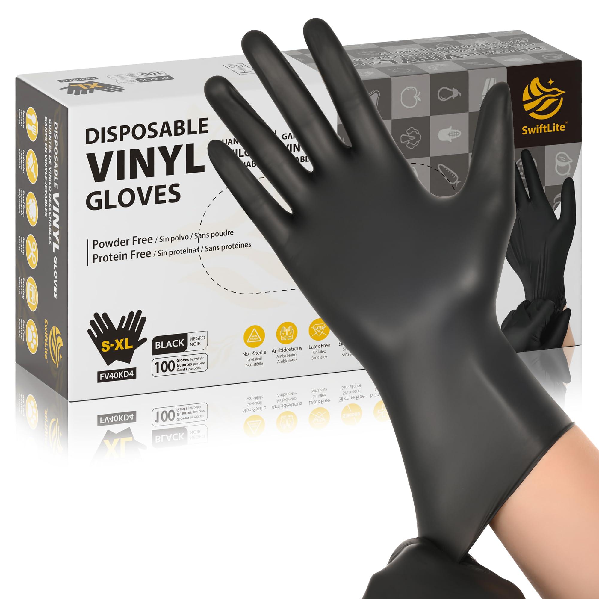 SWIFTLITE Black Vinyl Gloves, Food Grade Gloves Disposable Latex Free & Powder Free, Guantes for Cleaning Cooking Food Prep