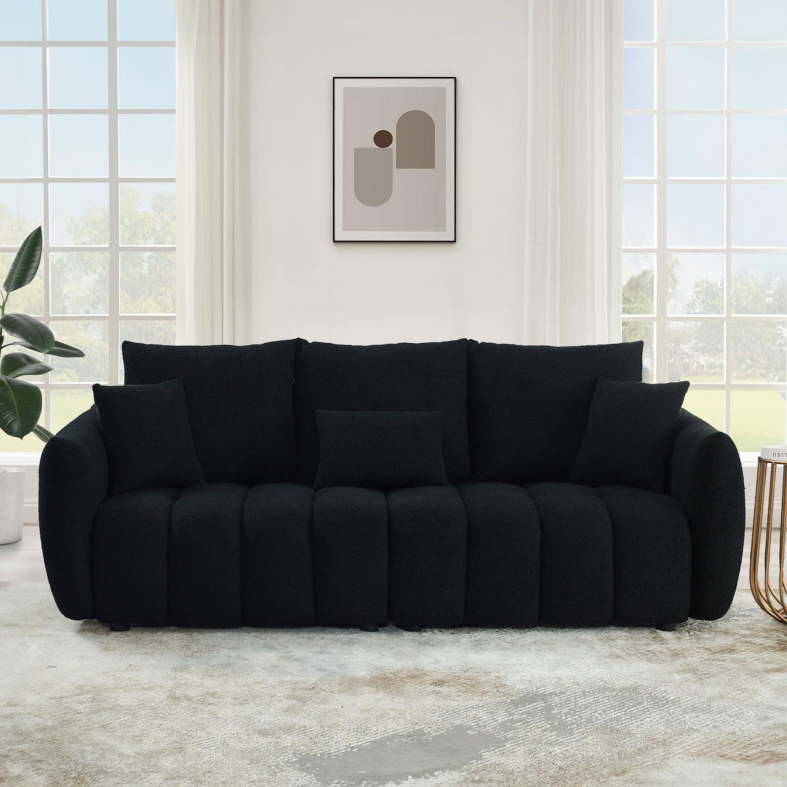 Antetek 81" Modern Sofa Couch, Comfy Deep Seat Teddy Cloud Sofa, Upholstered 3-Seater Boucle Couch, Oversized Loveseat for Living Room, Bedroom, Office, Apartment, Black - Image 3