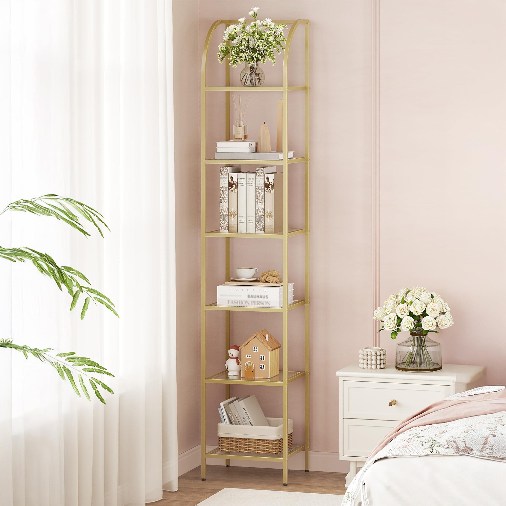 Hzuaneri Bookcase Bookshelf, Tempered Glass Arched Bookshelf for More Storage, Slim Shelving Unit for Bedroom, Bathroom, Home Office, Steel Frame, 6 Tier Gold BC20699G