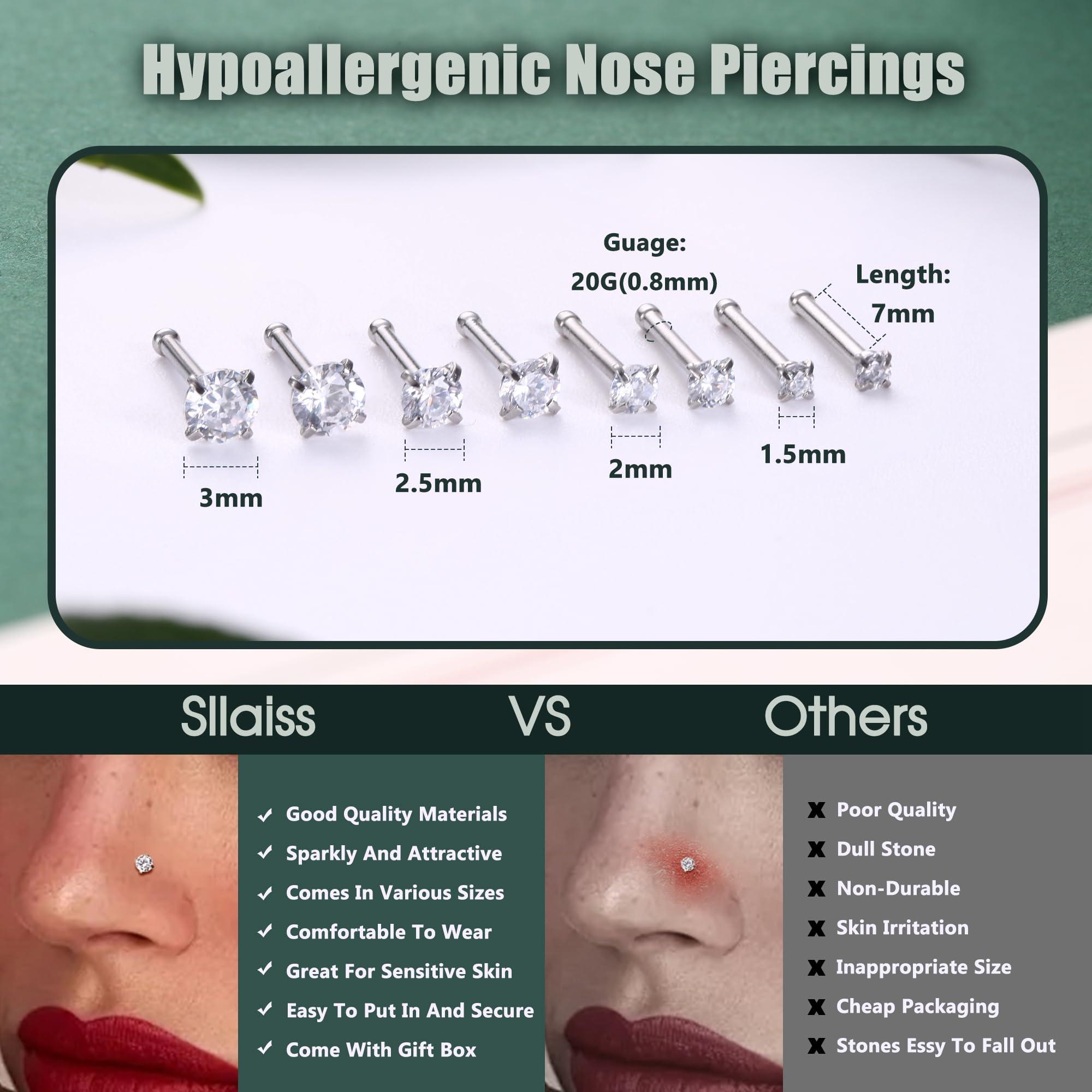 Sllaiss 8 Pcs 20G Nose Ring Studs Made with Austrian Crystal for Women Stainless Steel 1.5mm 2mm 2.5mm 3mm Nose Piercings Set Body Jewelry Hypoallergenic - Image 4