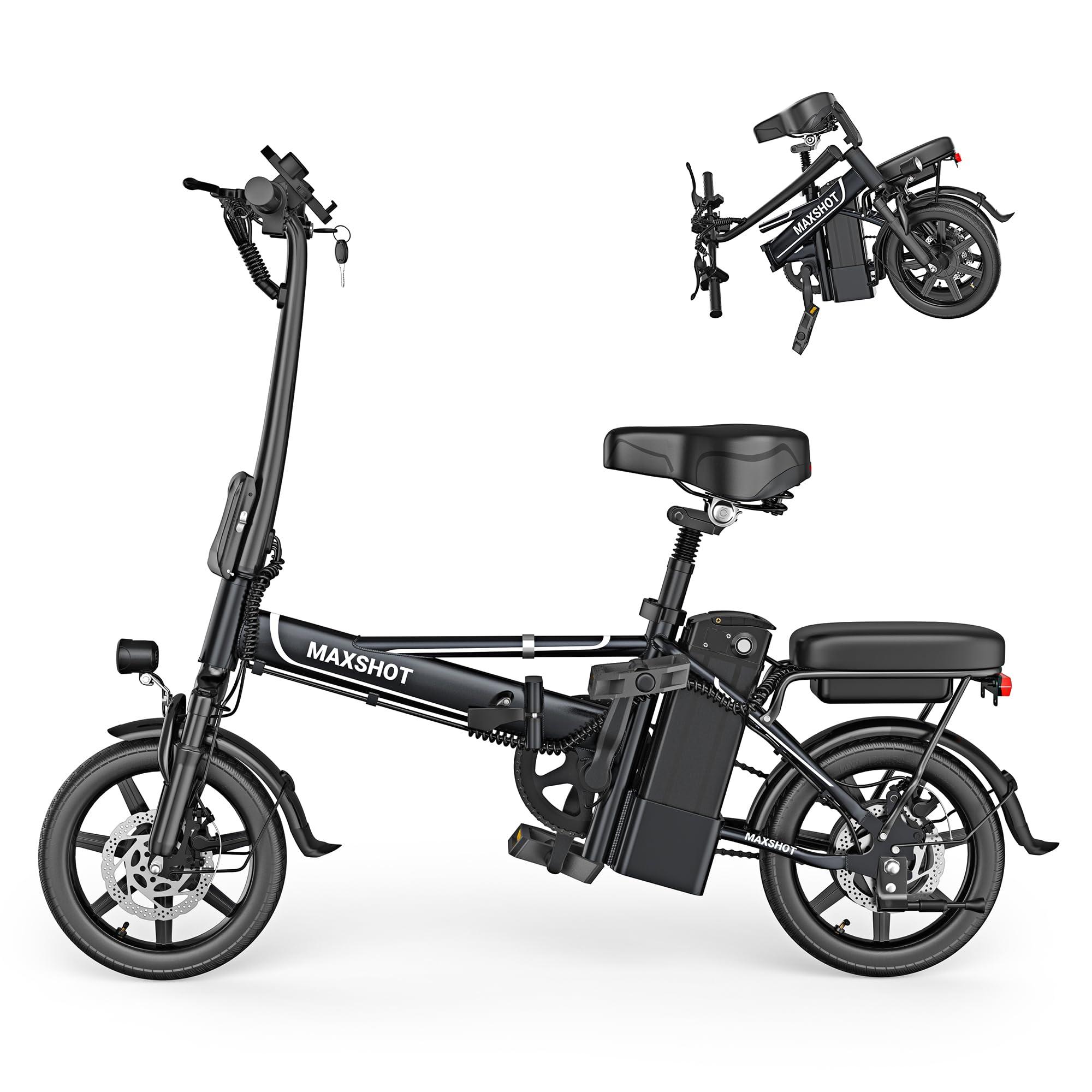 MAXSHOT Electric Bike for Adults,Electric Bicycles Max 28/40 Miles Ranges up to 22 MPH,14" Folding Ebike with Peak 750W Motor.ebike with 499.2/749WH Removable Battery, Front & Rear Suspension