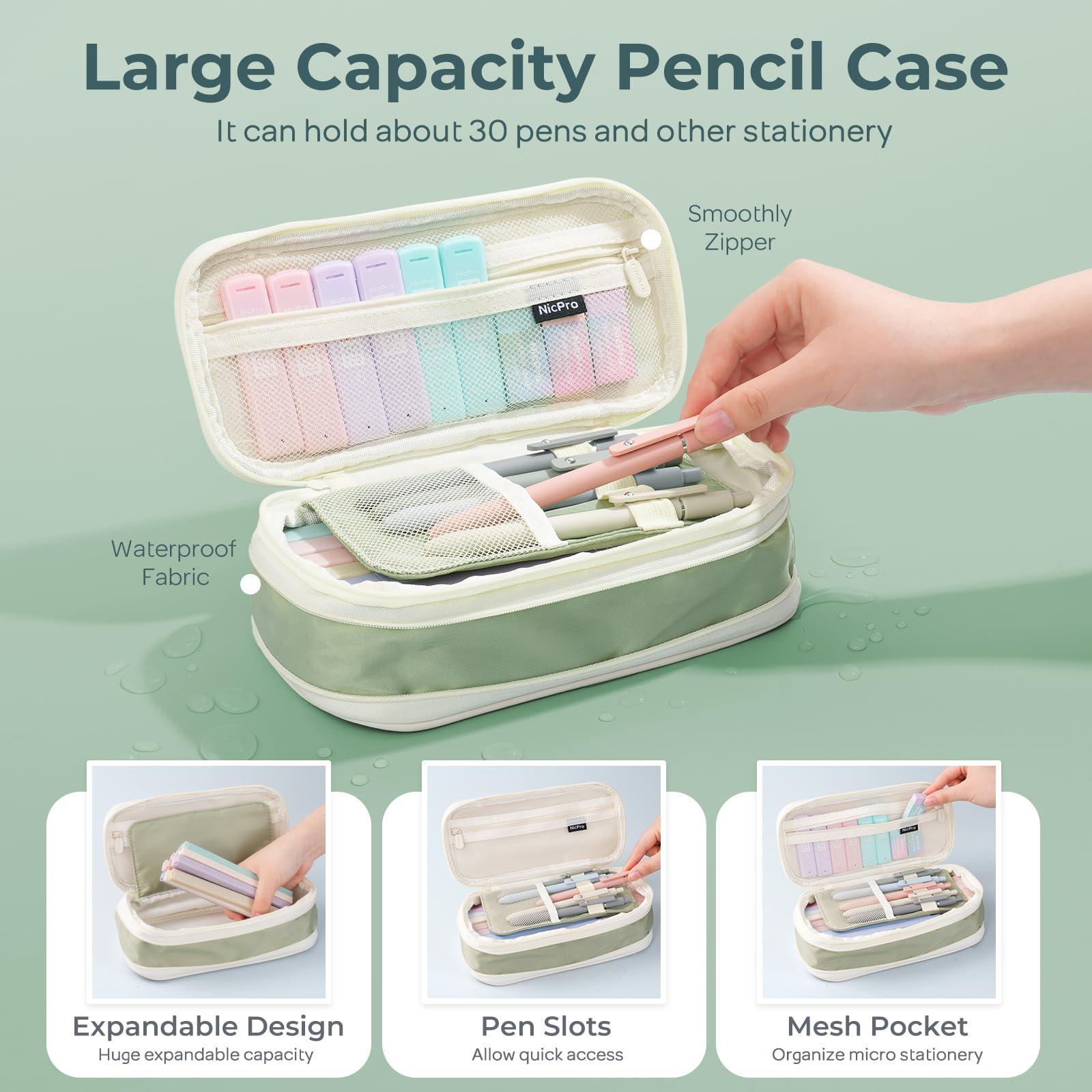 Nicpro 39 PCS Aesthetic School Supplies with Big Capacity Pen Case, 12 Color Pastel Highlighters, 5 Quick Dry Retractable Black Ink Pens, 6 Pastel Mechanical Pencil 0.5 & 0.7 mm for Student Stationary - Image 2