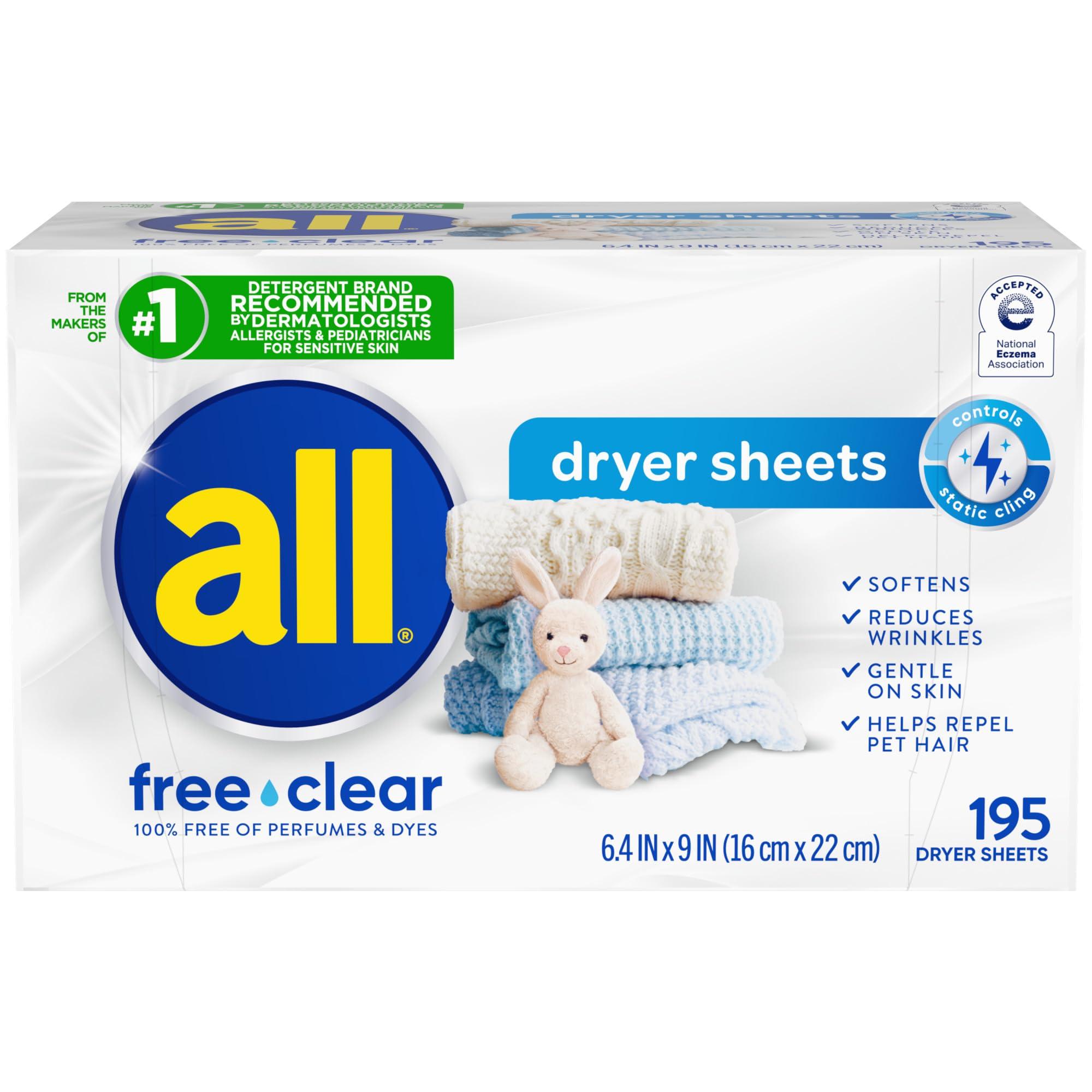 all Fabric Softener Dryer Sheets for Sensitive Skin, Free Clear, 195 Count