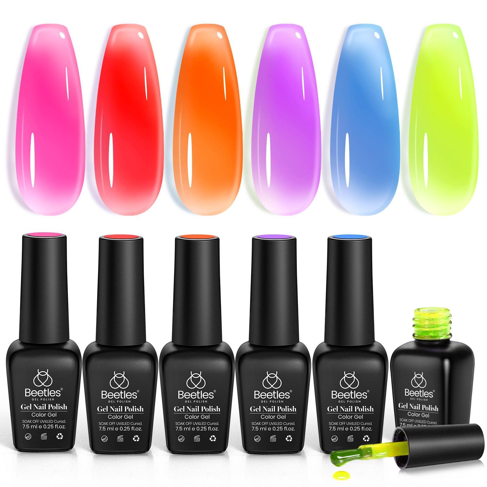 Beetles Jelly Gel Nail Polish Set - 6 Colors Summer Neon Gel Polish Kit Sheer Hot Pink Red Orange Purple Blue Yellow Translucent Effect Soak Off UV French Nail Art Manicure Gift for Women