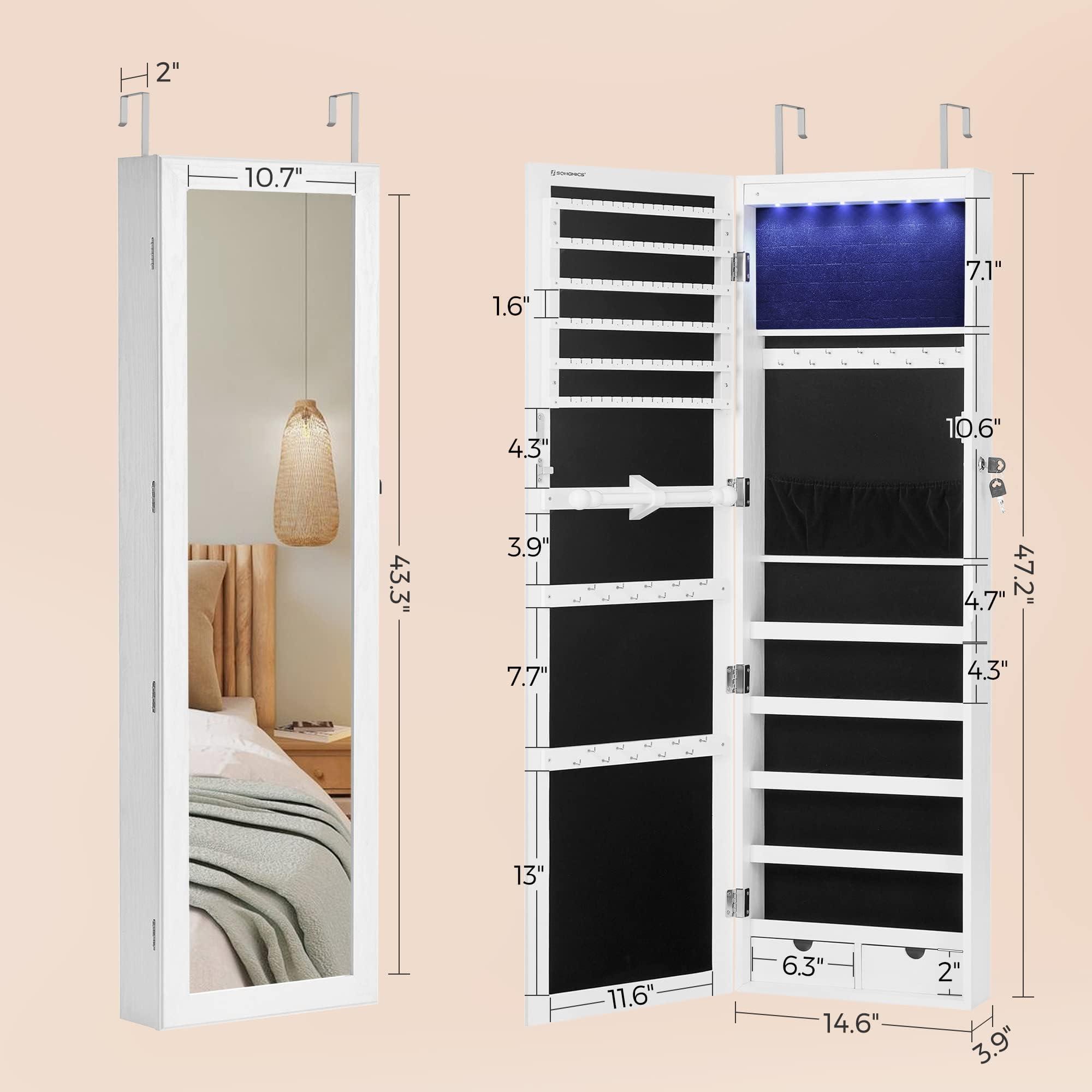SONGMICS 6 LEDs Mirror Jewelry Cabinet, 47.2-Inch Tall Lockable Wall or Door Mounted Jewelry Armoire Organizer with Mirror, 2 Drawers, 3.9 x 14.6 x 47.2 Inches, White UJJC93W - Image 3