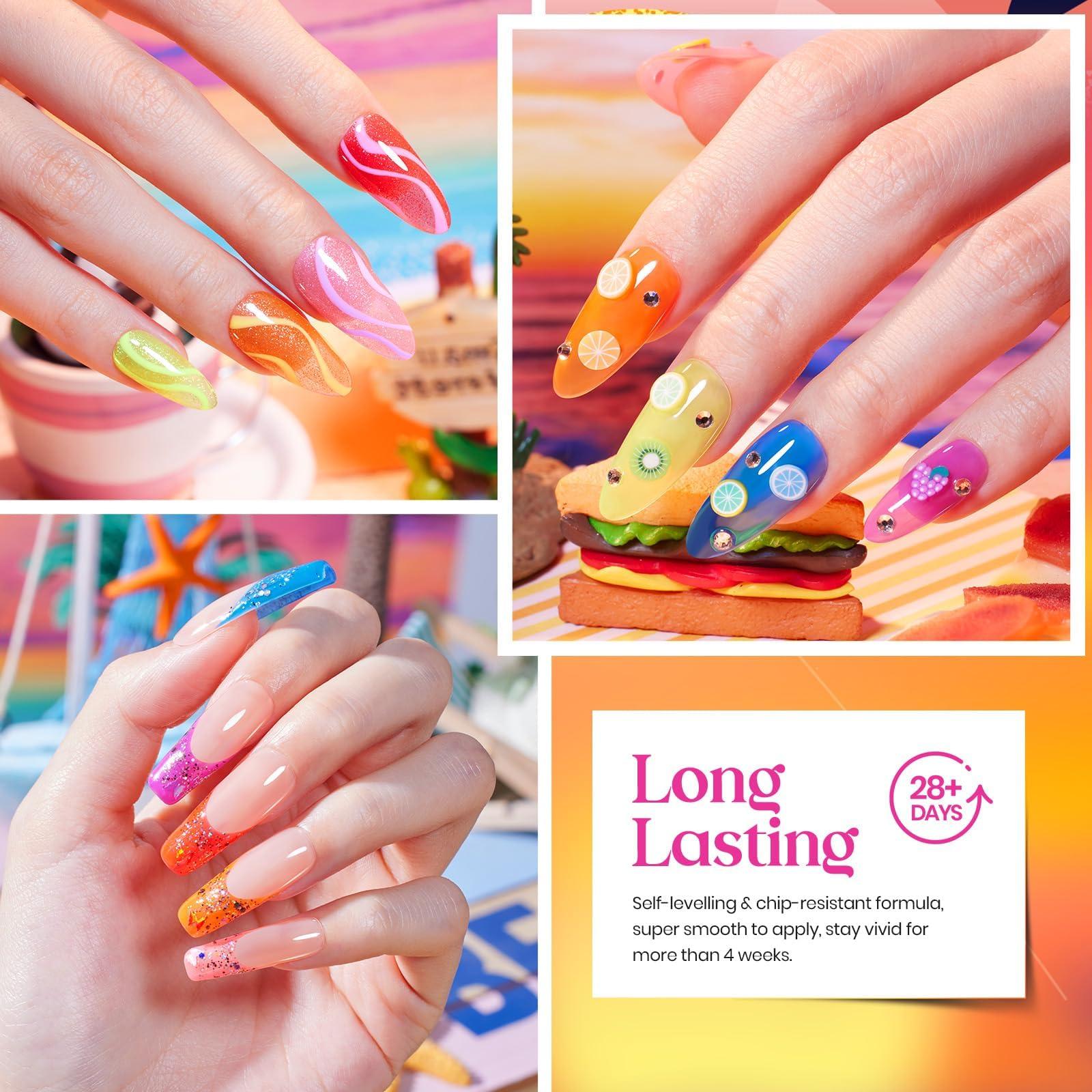 Beetles Jelly Gel Nail Polish Set - 6 Colors Summer Neon Gel Polish Kit Sheer Hot Pink Red Orange Purple Blue Yellow Translucent Effect Soak Off UV French Nail Art Manicure Gift for Women - Image 4