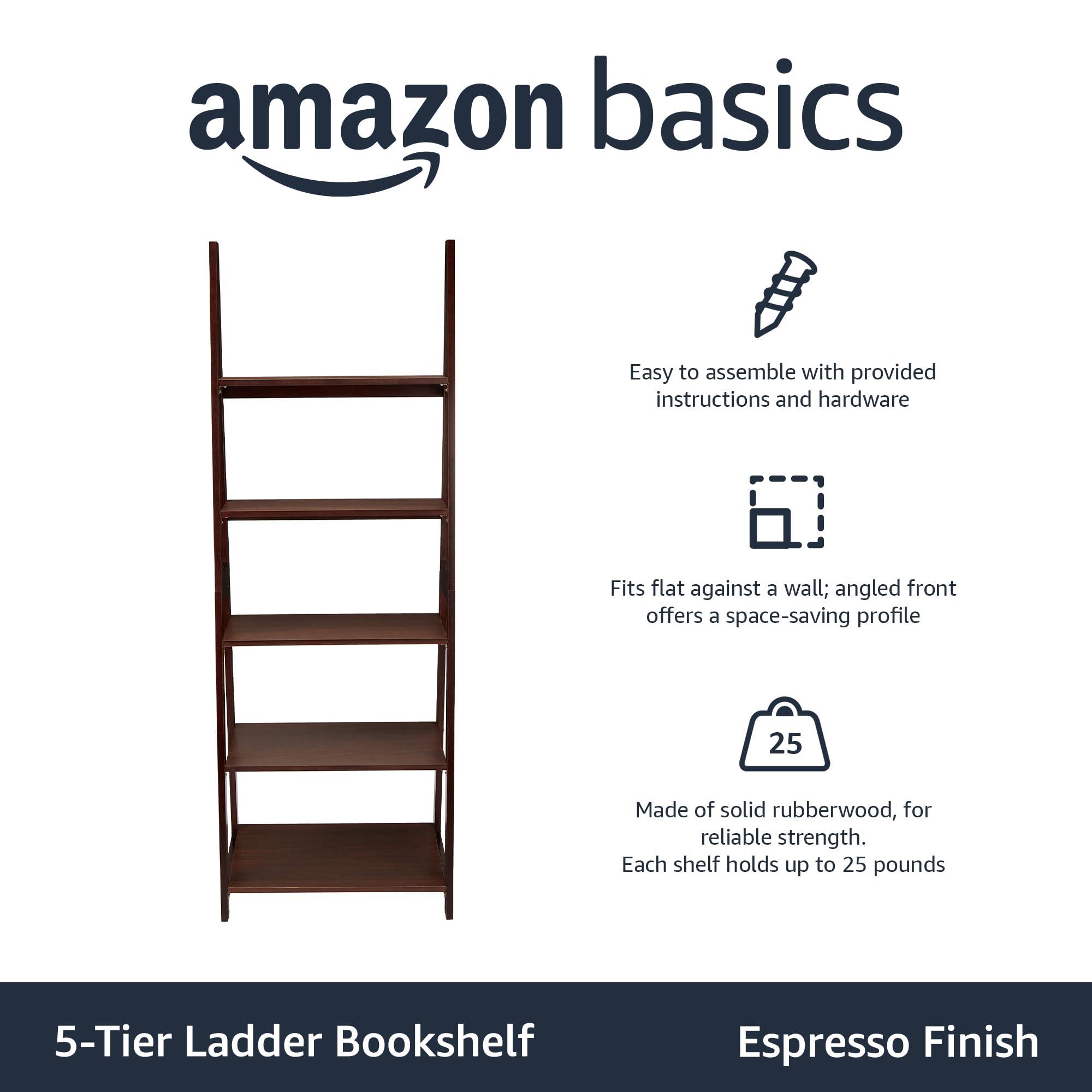 Amazon Basics Ladder Bookshelf Organizer, Solid Rubberwood Frame, Espresso Finish, 5 Shelves, 14" D x 24.8" W x 70.1" H - Image 4