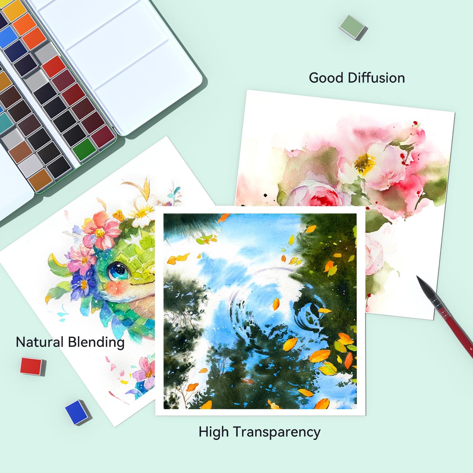 MeiLiang Travel Watercolor Paint Set, Watercolor Set Includes 48 Colors Solid Watercolors + 7.5x7.5 inch 50% Cotton Watercolor Paper(20 Sheets) + 1 Watercolor Brush + Green Handheld Organizer - Image 5