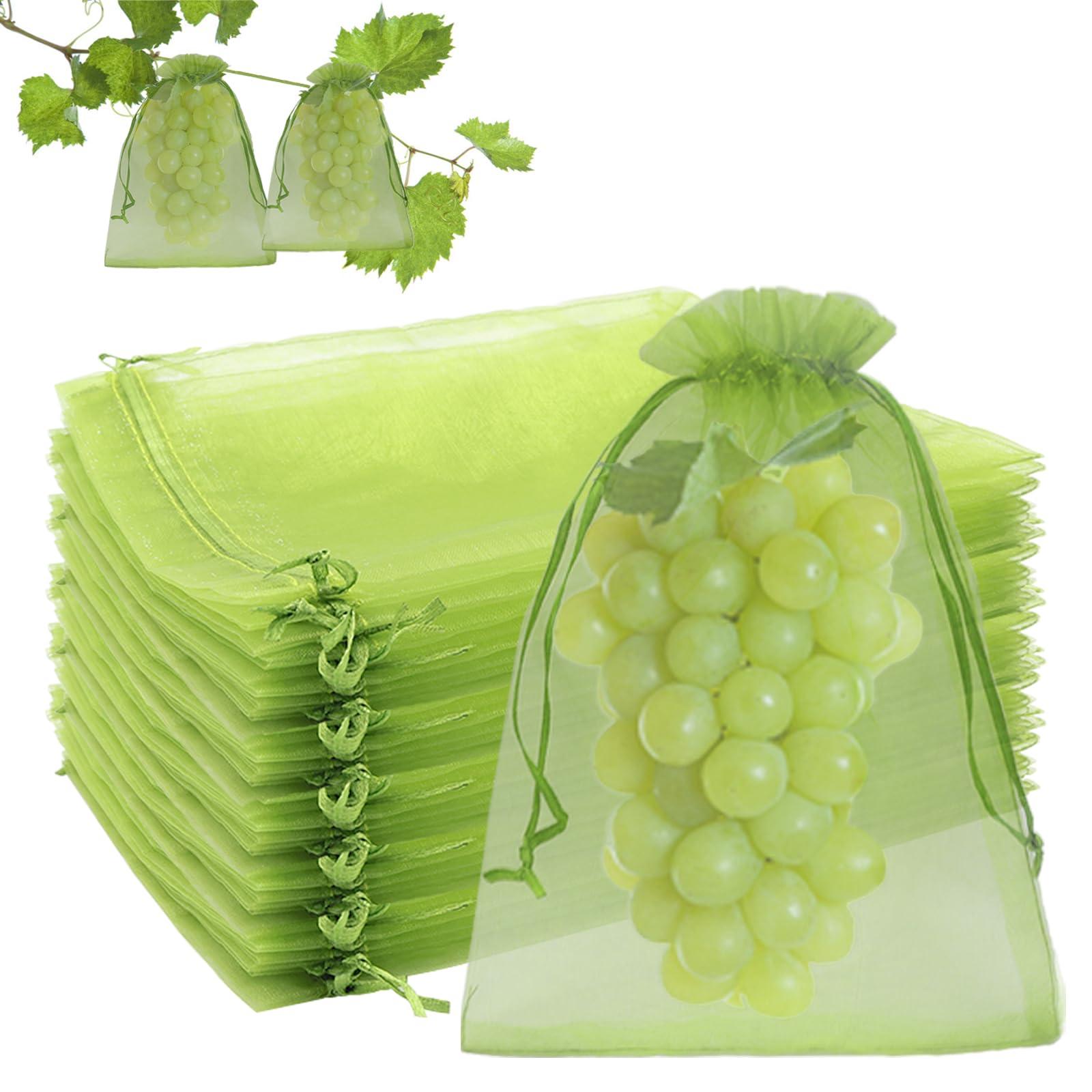 Uigidori 100 Pcs Fruit Protection Bags, 6.5 x 9 Inch Green Netting Cover Bags with Drawstring, Pest Barrier for Trees, Garden Fruit Cover Mesh Bag for Plant Vegetables and Flowers