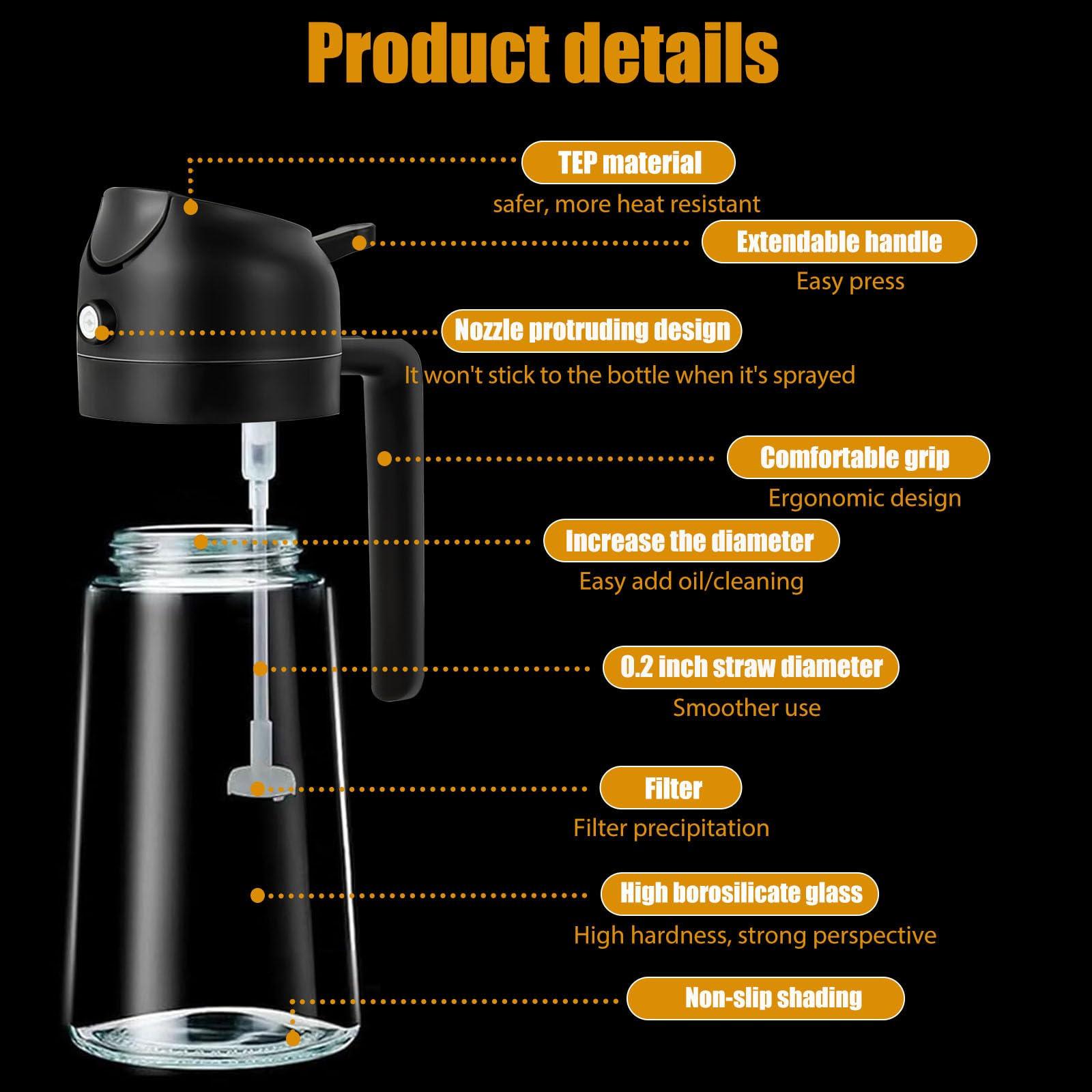 Arsatbs Oil Sprayer for Cooking 2 in 1 Olive Dispenser Bottle 16oz/470ml Kitchen Gadgets for Air Fryer, Salad, BBQ - Glass Mister Spray -Transparent Black - Image 4