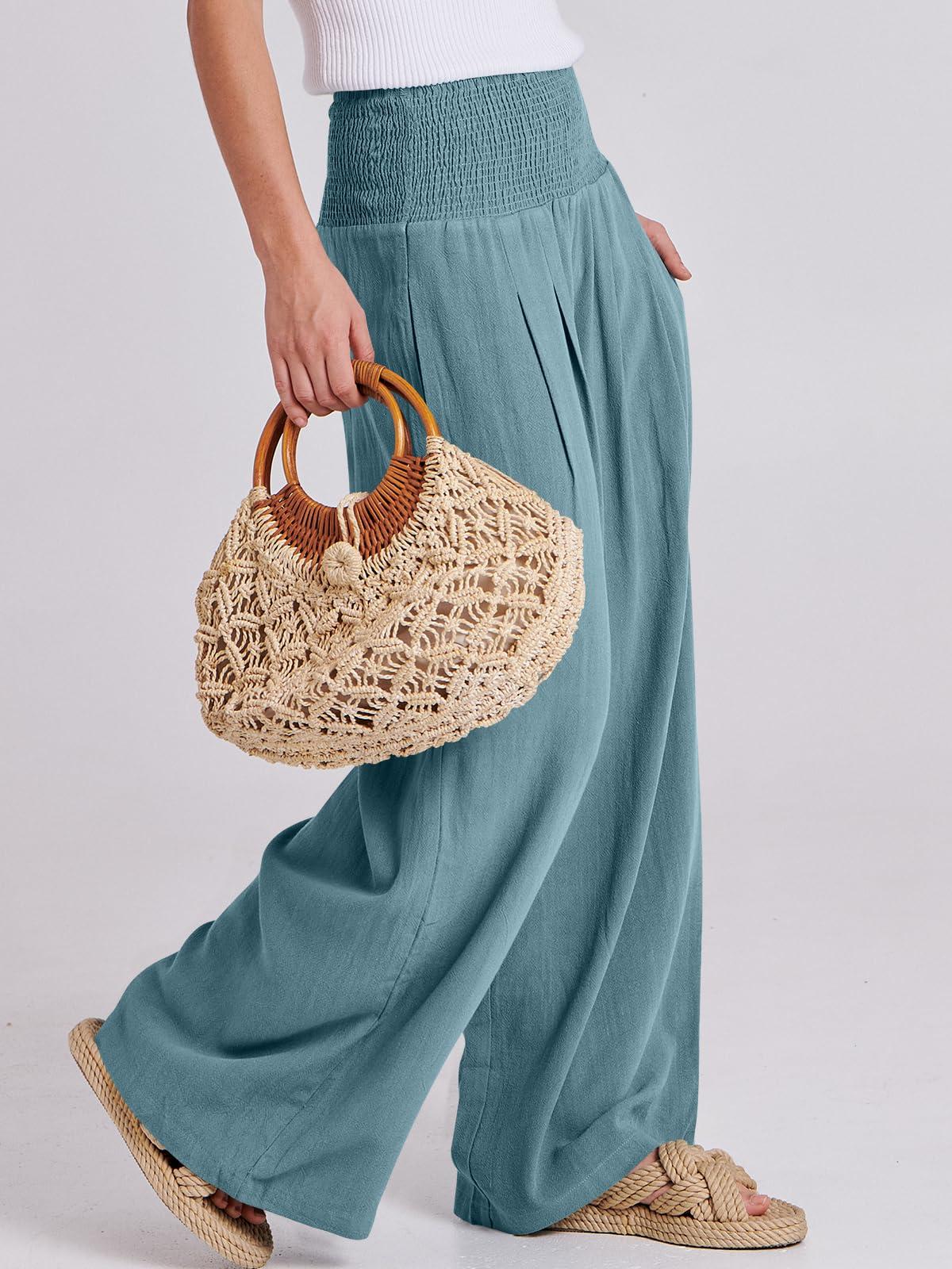 ANRABESS Women Linen Palazzo Pants Summer Boho Wide Leg High Waist Casual Lounge Pant 2025 Beach Travel Vacation Outfits - Image 3