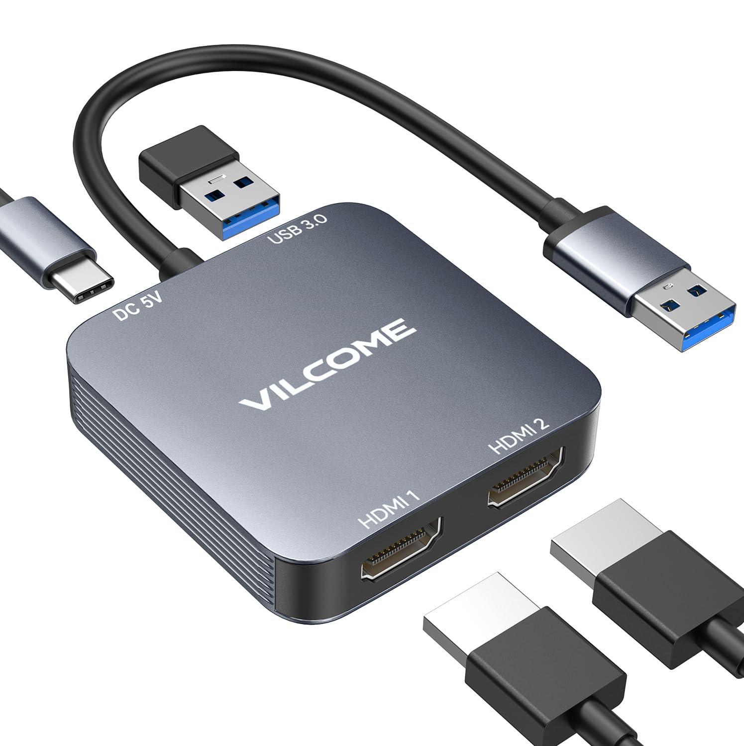 USB to HDMI Adapter, USB 3.0 to Dual HDMI Adapter with USB 3.0 Port, Audio Video Graphics Converter Cable for Laptop Monitor Desktop TV, Compatible with Mac OS, Windows