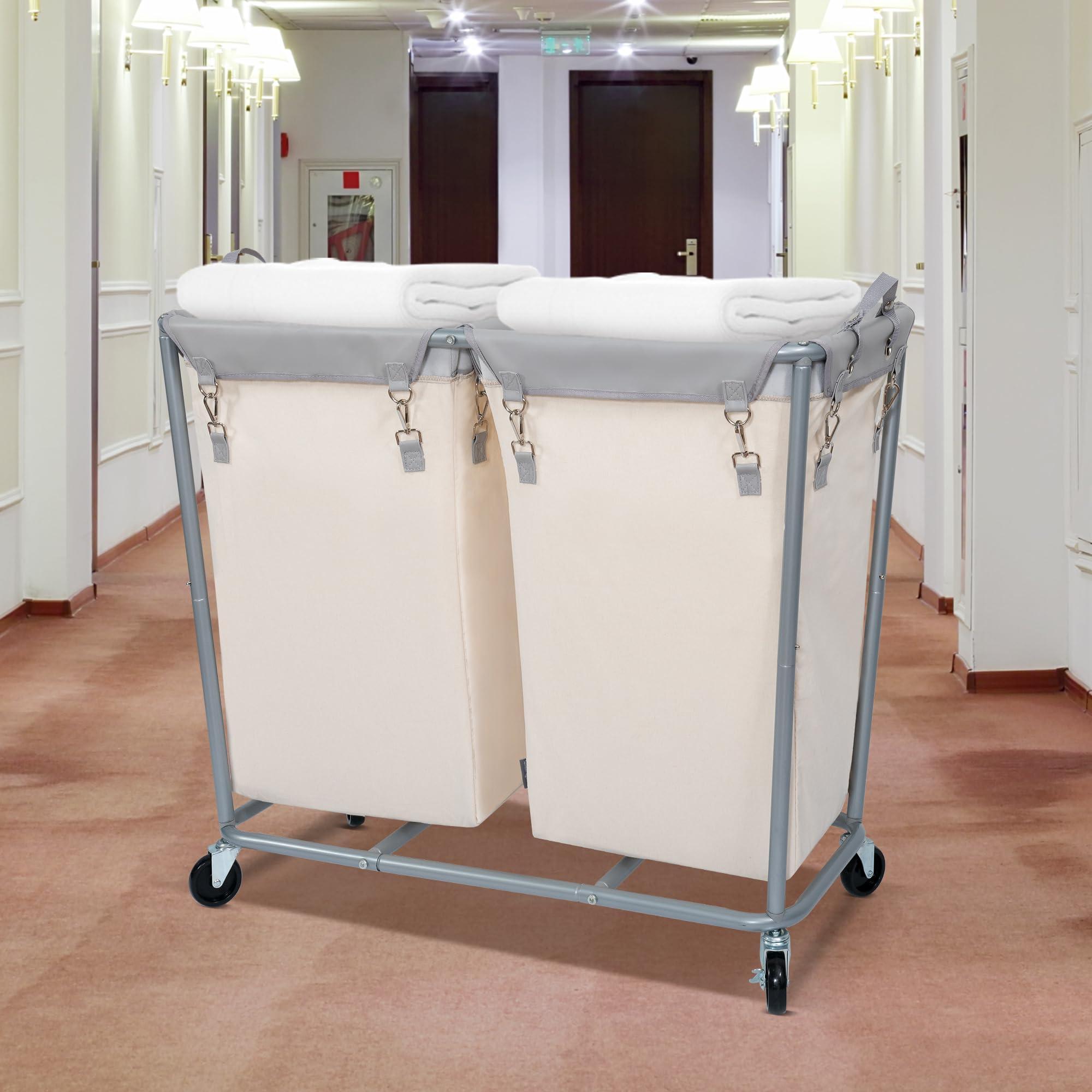 STORAGE MANIAC Commercial Laundry Hamper with Heavy Duty Steel Frame, 240 L Industrial Laundry Basket Cart with Wheels for Hotel, Home, Laundry Room, 37.5''L x 17.1''W x 31.8''H, 2 Section Beige - Image 7