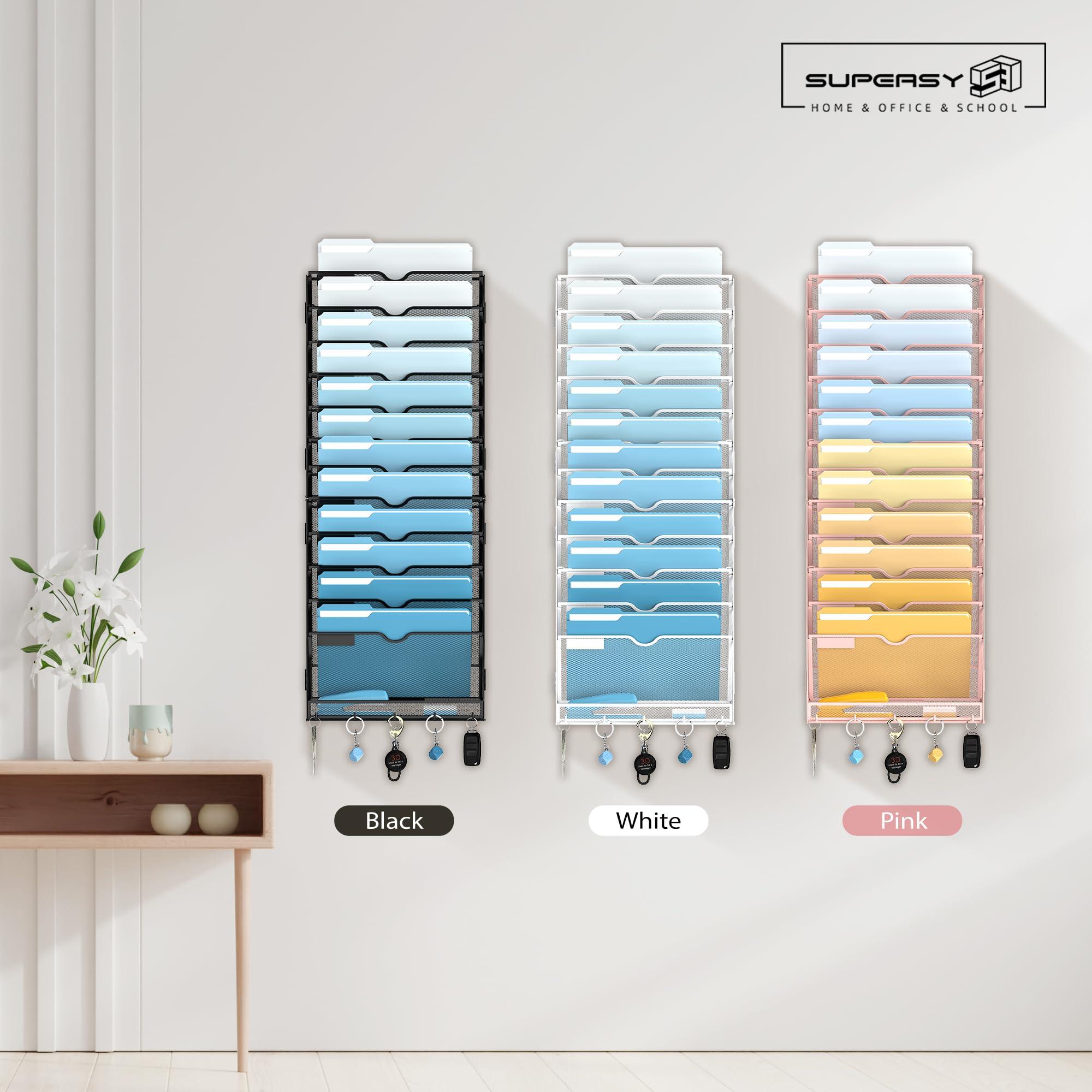 SUPEASY 13-Tier Wall File Holder Organizer with Hooks, Mesh Hanging File Organizer, Mail Organizer Wall Mounted for Papers, Folders, Office Magazine Rack, Assembly Needed, Black 2 pack - Image 4
