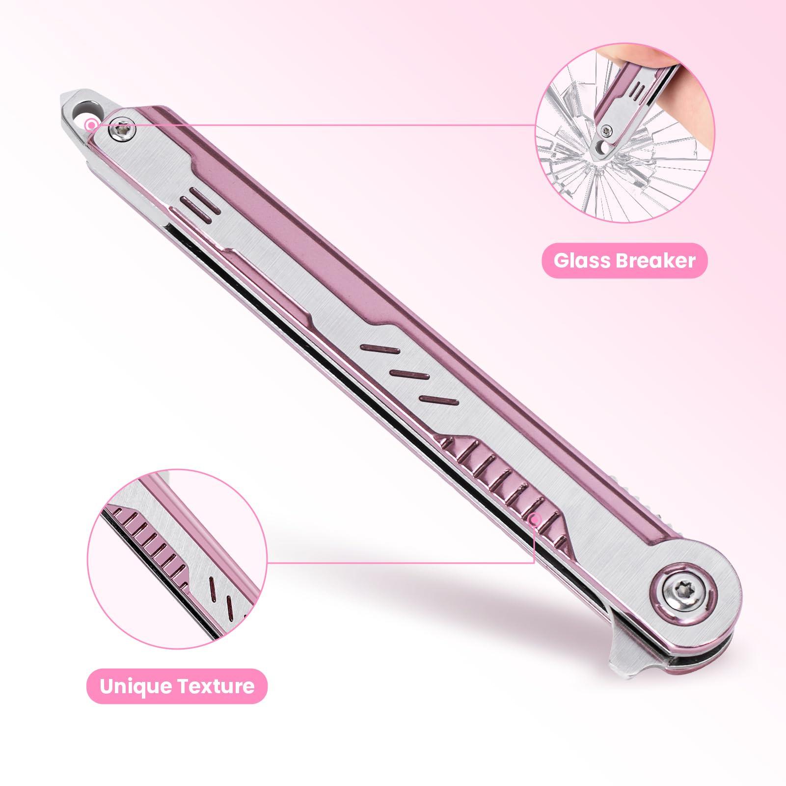 FUNBRO Pink Pocket Knife for Women - Slim EDC Knife with 7CR13Mov Steel Tanto Blade, Clip and Glass Breaker - Womens Knife for Camping - Cute Girl Survival Tool Pocket & Folding Knives - Image 4