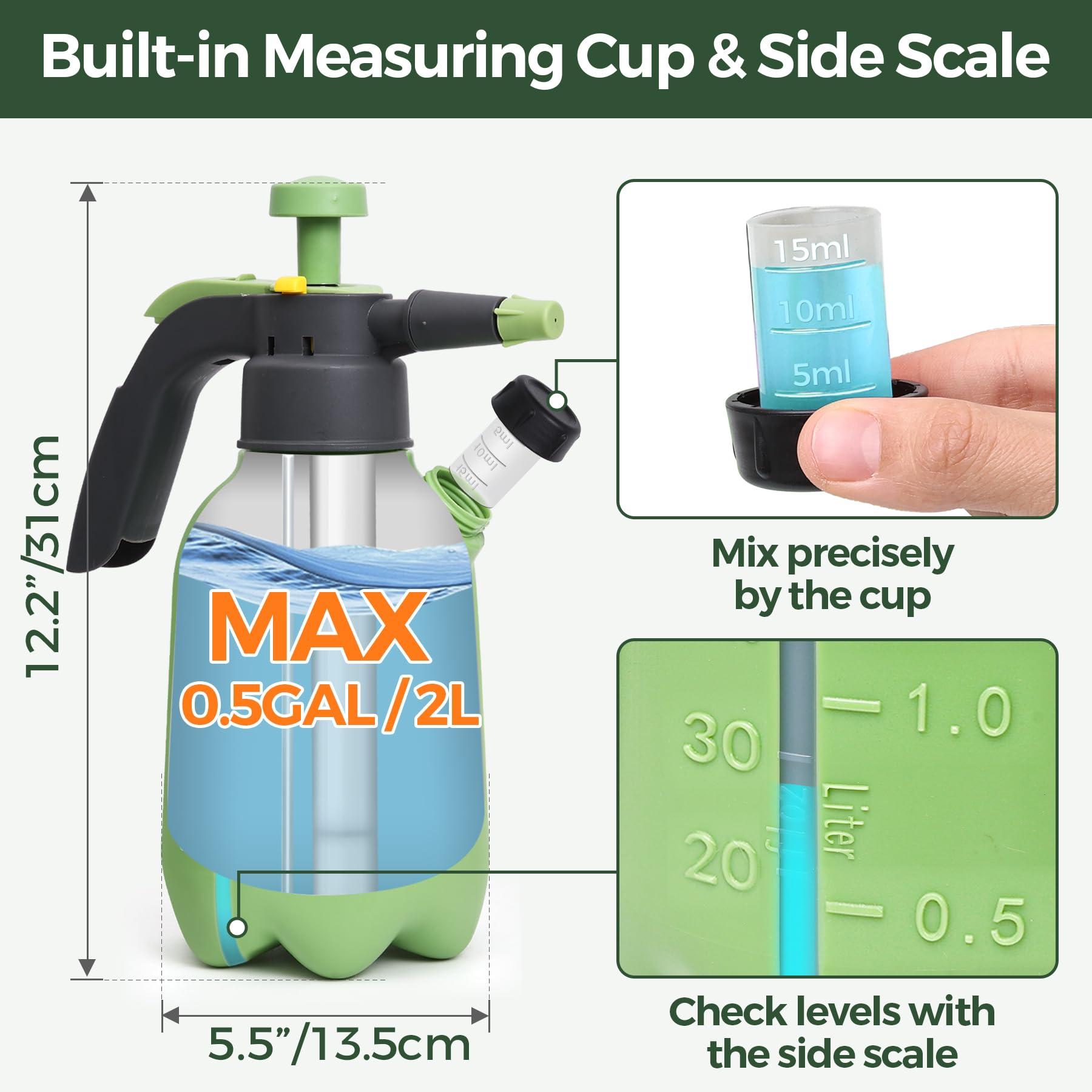 Hand Pump Sprayer 1/2 Gallon, Garden Pump Spray Bottle for Plants, Pressure Sprayer Bottle in Lawn and Garden Yard, Weed Chemical Sprayer with 2 Nozzle & Safety Pressure Relief Valve (2L/0.5Gal) - Image 2