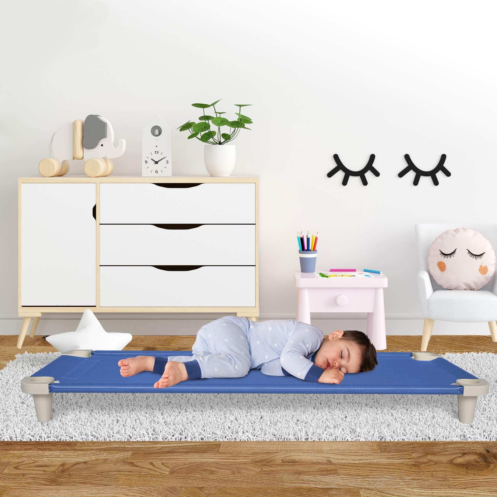 Acrimet Nap Cot for Kids, PortableToddler Child Bed, Stackable 52" L (Stainless Steel Tubes) (Blue Breathable Mesh Fabric - Gray Feet) (5 Pack) - Image 6