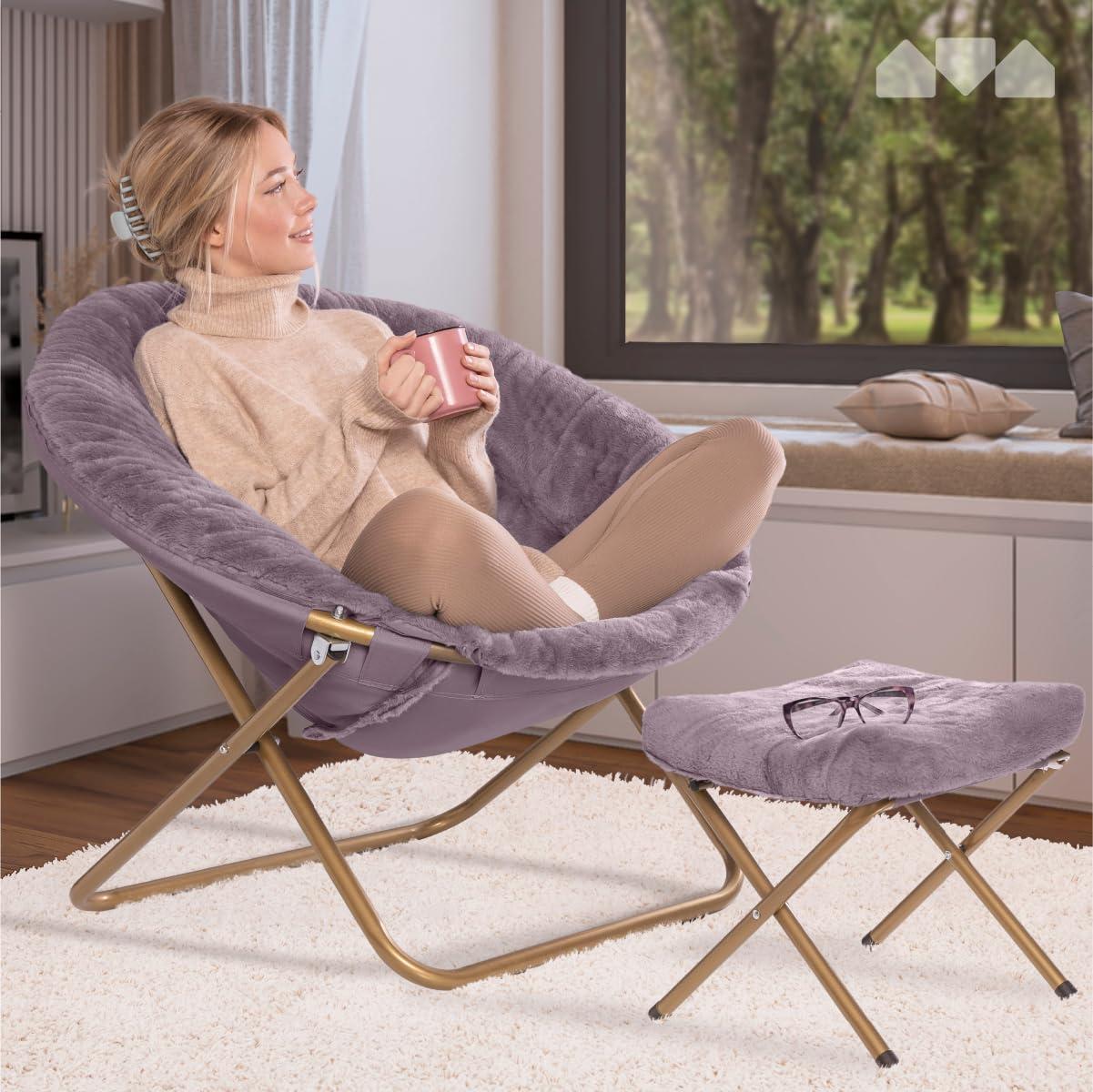 Milliard Cozy Chair with Footrest Ottoman/Faux Fur Saucer Chair for Bedroom/X-Large (Purple) - Image 2