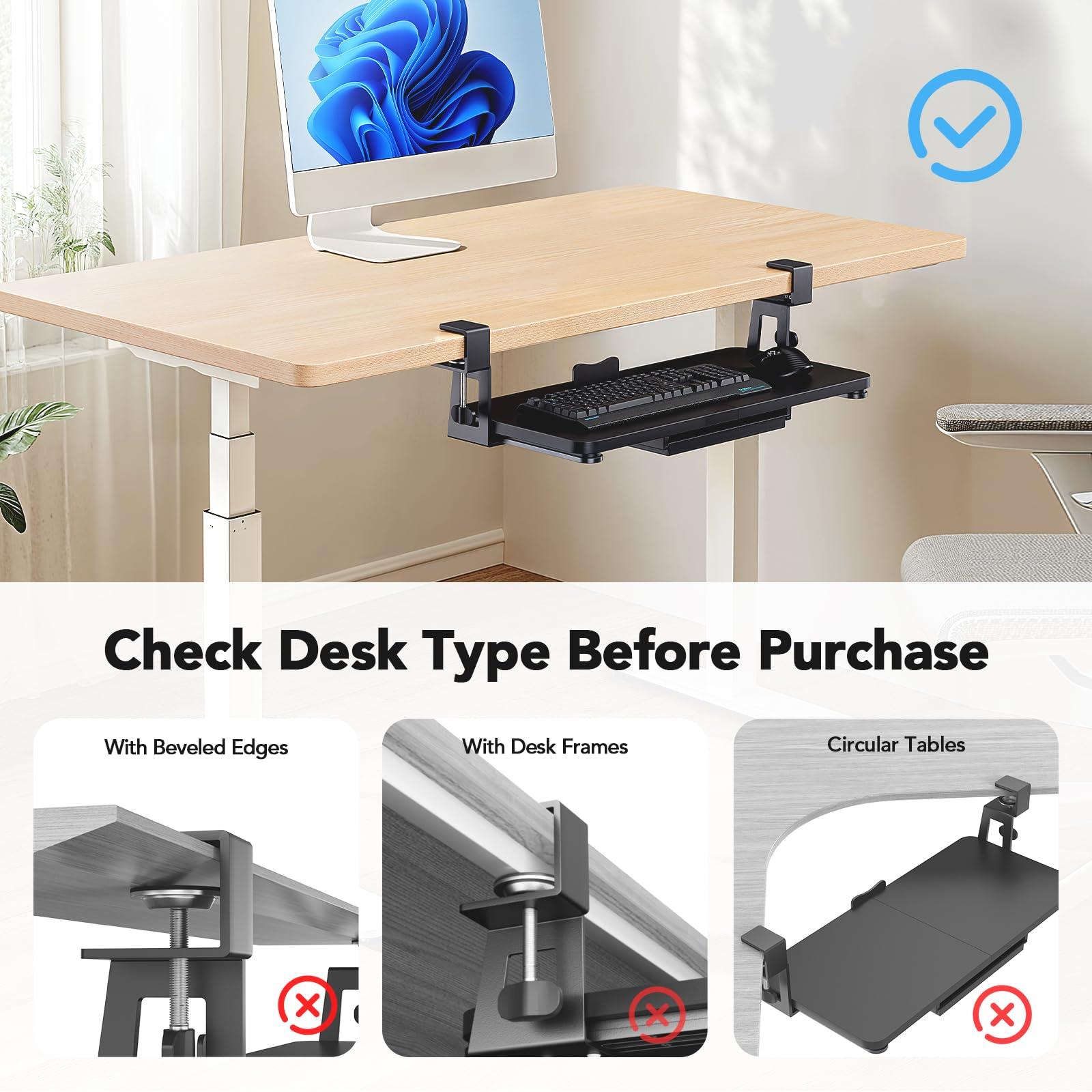 HUANUO Large Under Desk Keyboard Tray with Sturdy C-Clamp Mount, 26 (30.16" Including Clamps) x 12 inch Slide-Out Platform Computer Desk Heavy Duty Keyboard Tray with Storage Drawer for Typing, Black - Image 4
