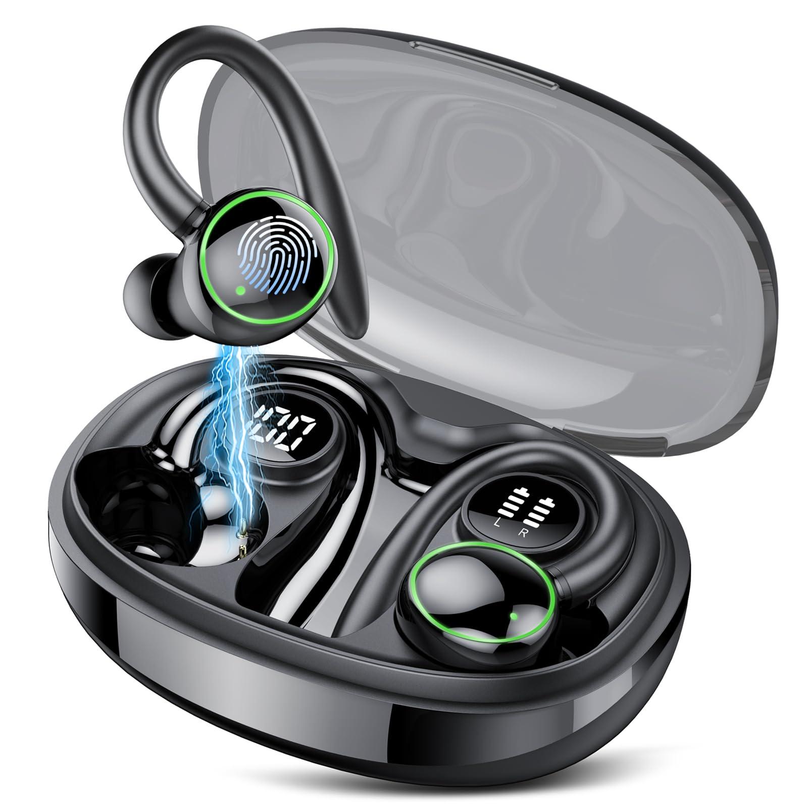 Wireless Earbuds, Bluetooth 5.3 Headphones Sport, Over Ear Buds With ENC Noise Cancelling Mic, 48H, Wireless Earphone With Earhooks, Stereo Deep Bass, IP7 Waterproof Headset for Workout Running, Black