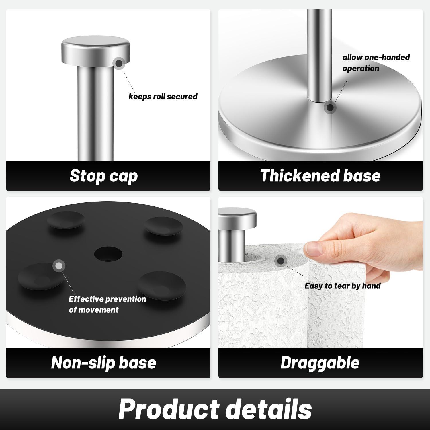 VEHHE Paper Towel Holder Countertop, Stainless Steel Paper Towel Holder Stand with Weighted Base Suction Cups, Standing Paper Towel Roll Holder for Kitchen Bathroom (Silver) - Image 5