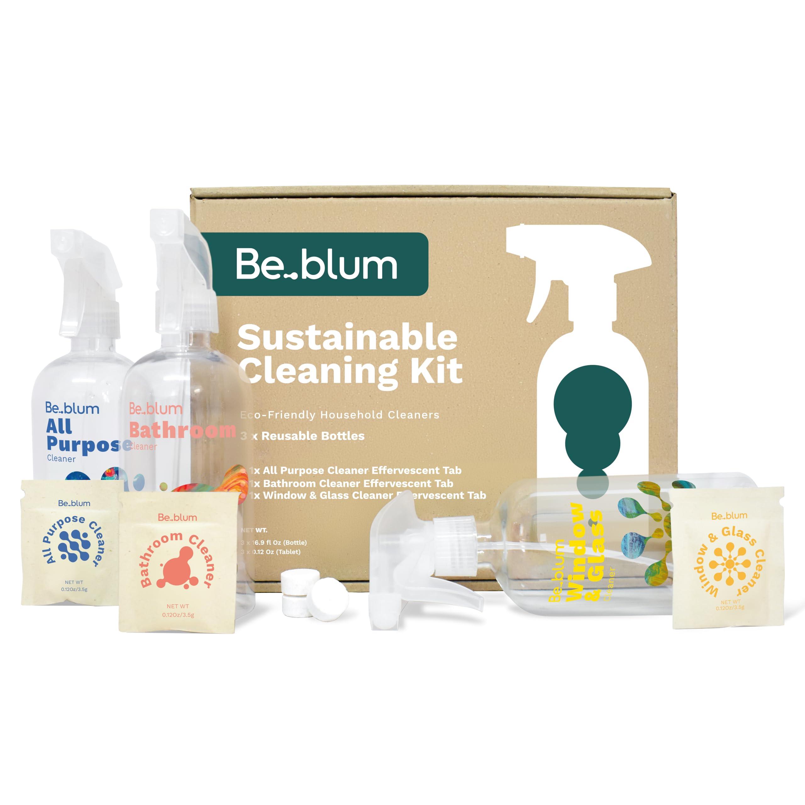 Be.blum Refillable Cleaning Kit – 3 Reusable Spray Bottles + 3 Non Toxic Cleaning Tablets | All Purpose, Bathroom, Glass Cleaner | Plant-Based, Fragrance-Free, Eco-Friendly Solution