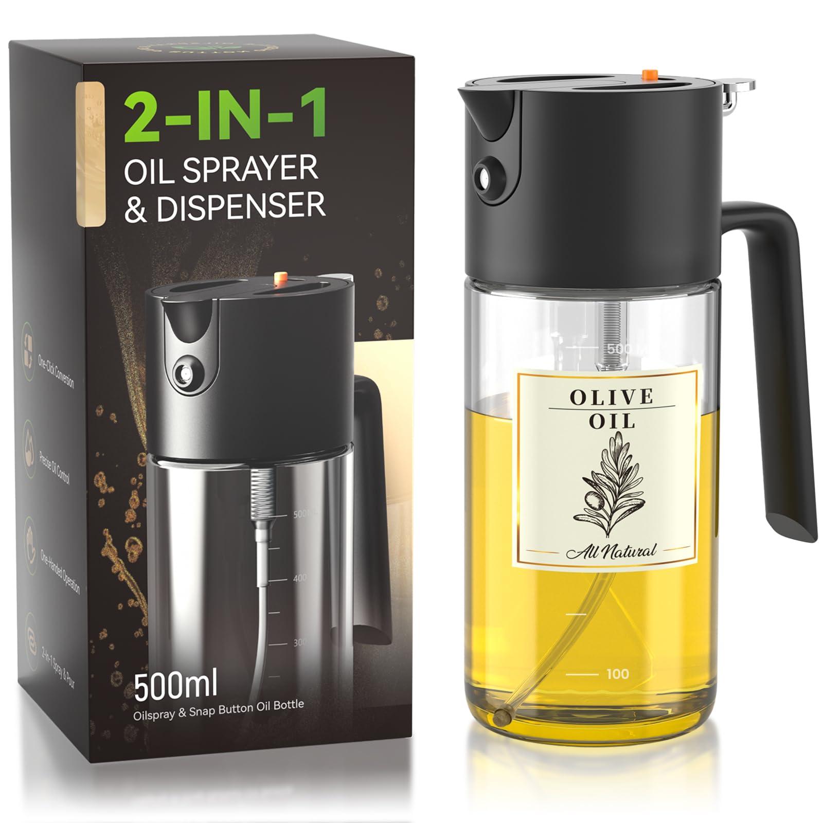 Costop Oil Sprayer for Cooking, 2025 Large Advanced Olive Oil Dispenser Bottle,500ml/17oz Glass Olive Oil Sprayer,2 in 1 Even Spray with Portion Control for Kitchen, Air Fryer, Salad, BBQ - Black