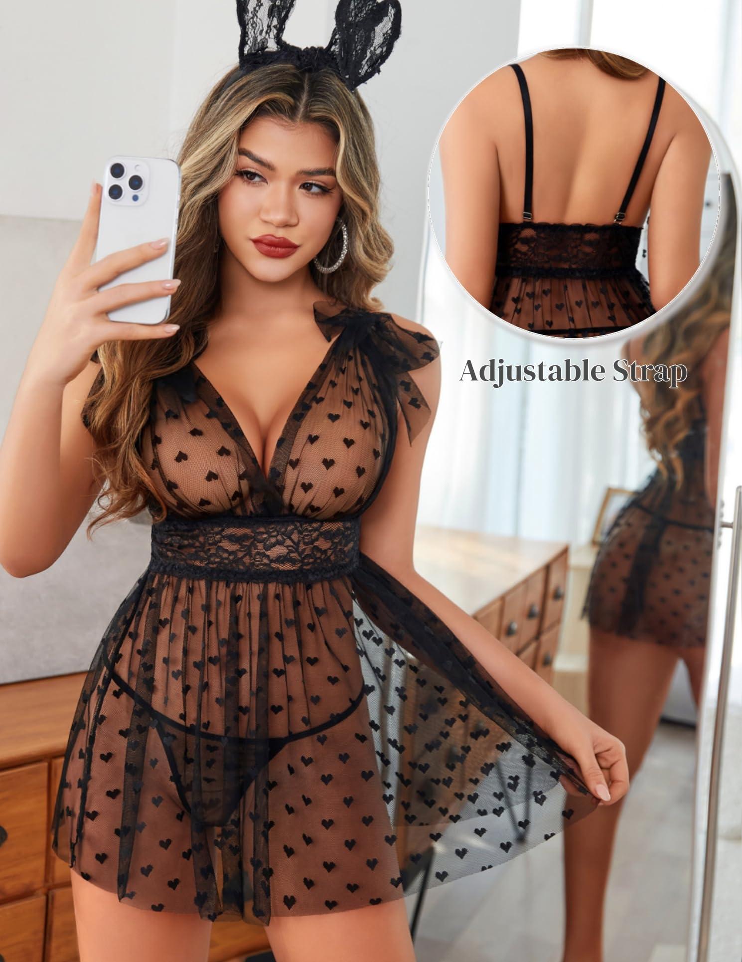 Avidlove Lingerie for Women Sheer Mesh Lace Babydoll Chemise V Neck Sleepwear Nighty Sexy Boudoir Outfits S-XXL - Image 5