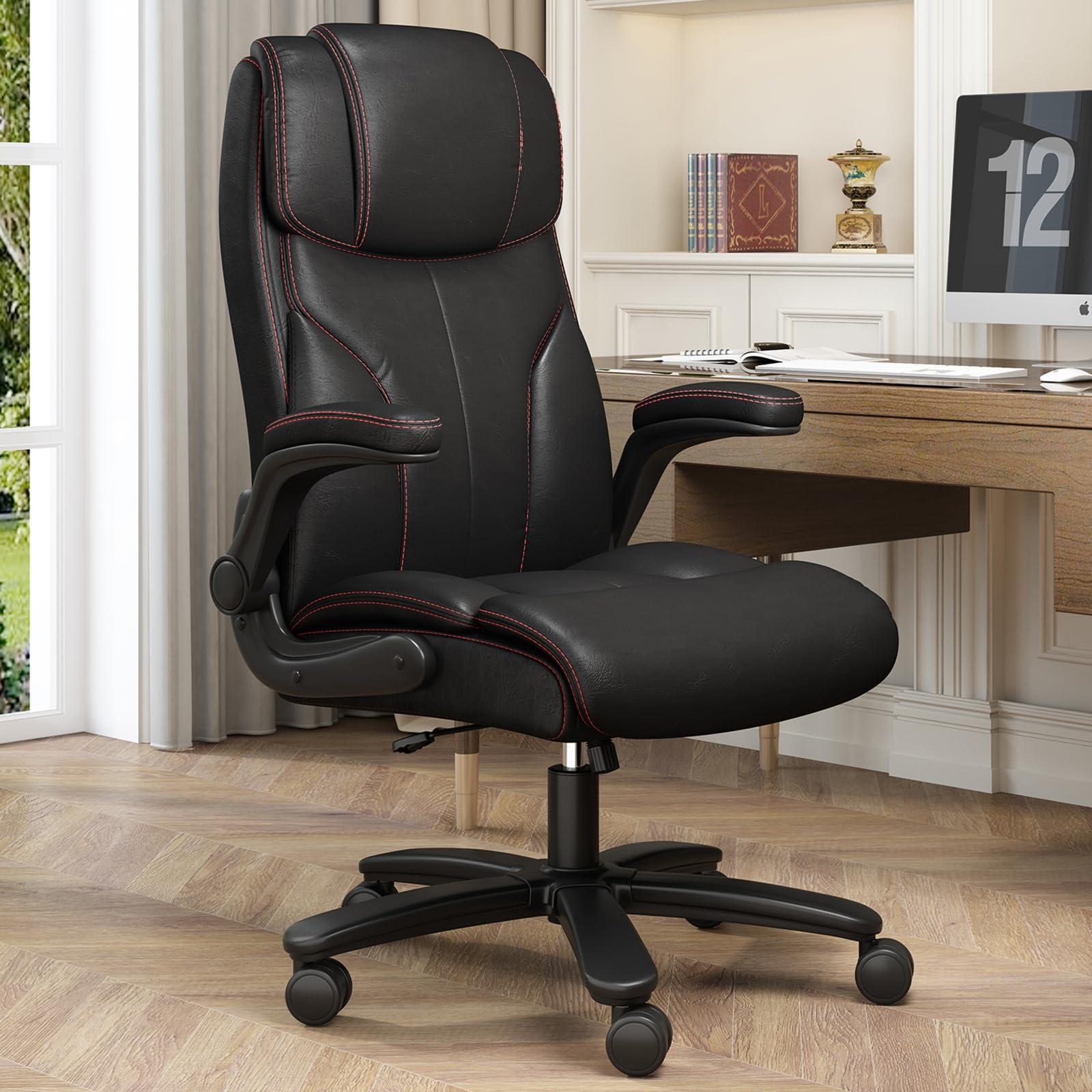 lavimiya Office Chair Big and Tall 400lbs, High Back Executive Office Chair Flip Up Arms, Breathable Leather Home Office Computer Desk Chair with Lumbar Support Rocking Function, Black