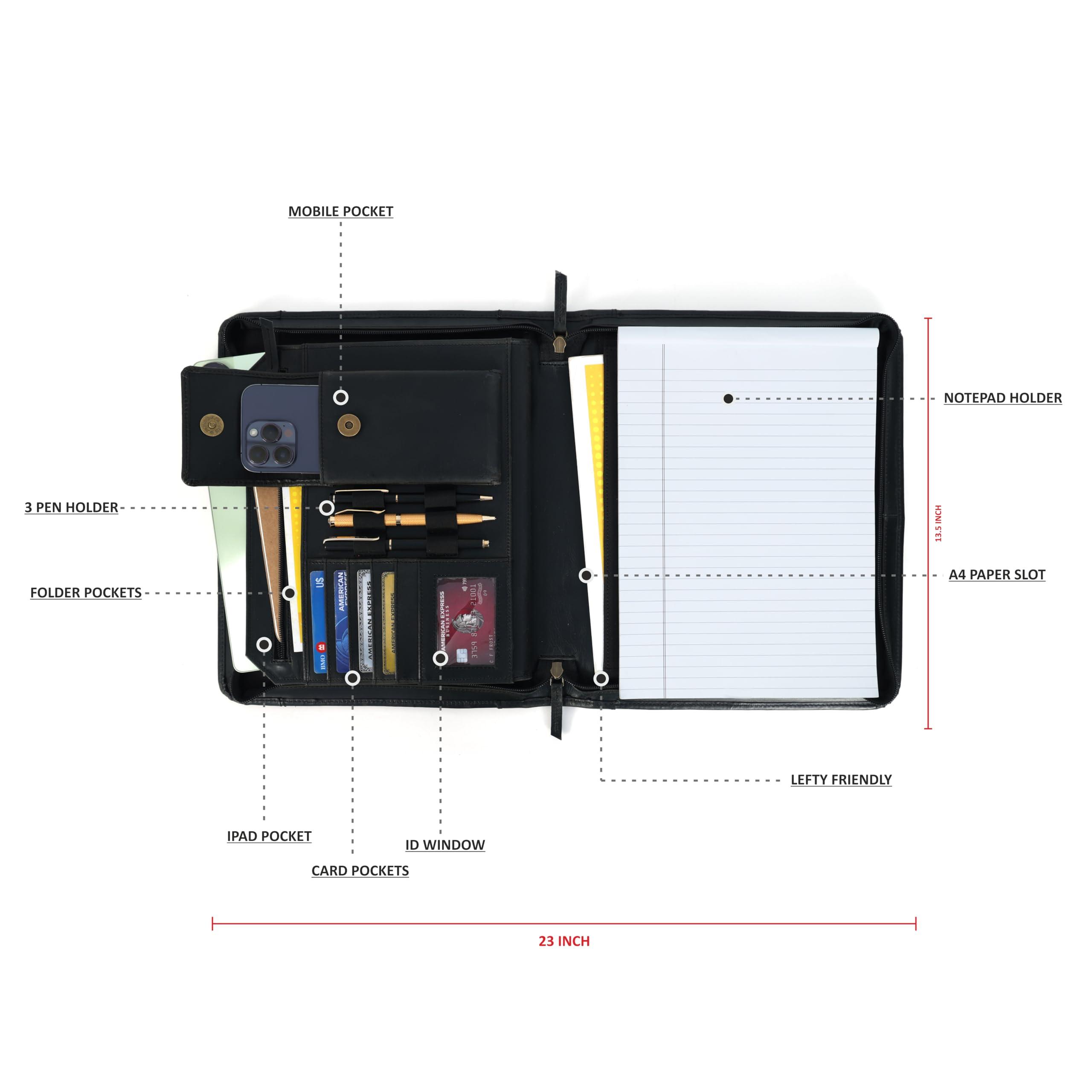 Leather Portfolio for Men, Portfolio Organizer with Zipper for Men Women, Leather Padfolio Business Resume Legal Pad Portfolio Notebook Binder for A4/Pad, Leather Folio Leather Folder (Black) - Image 6