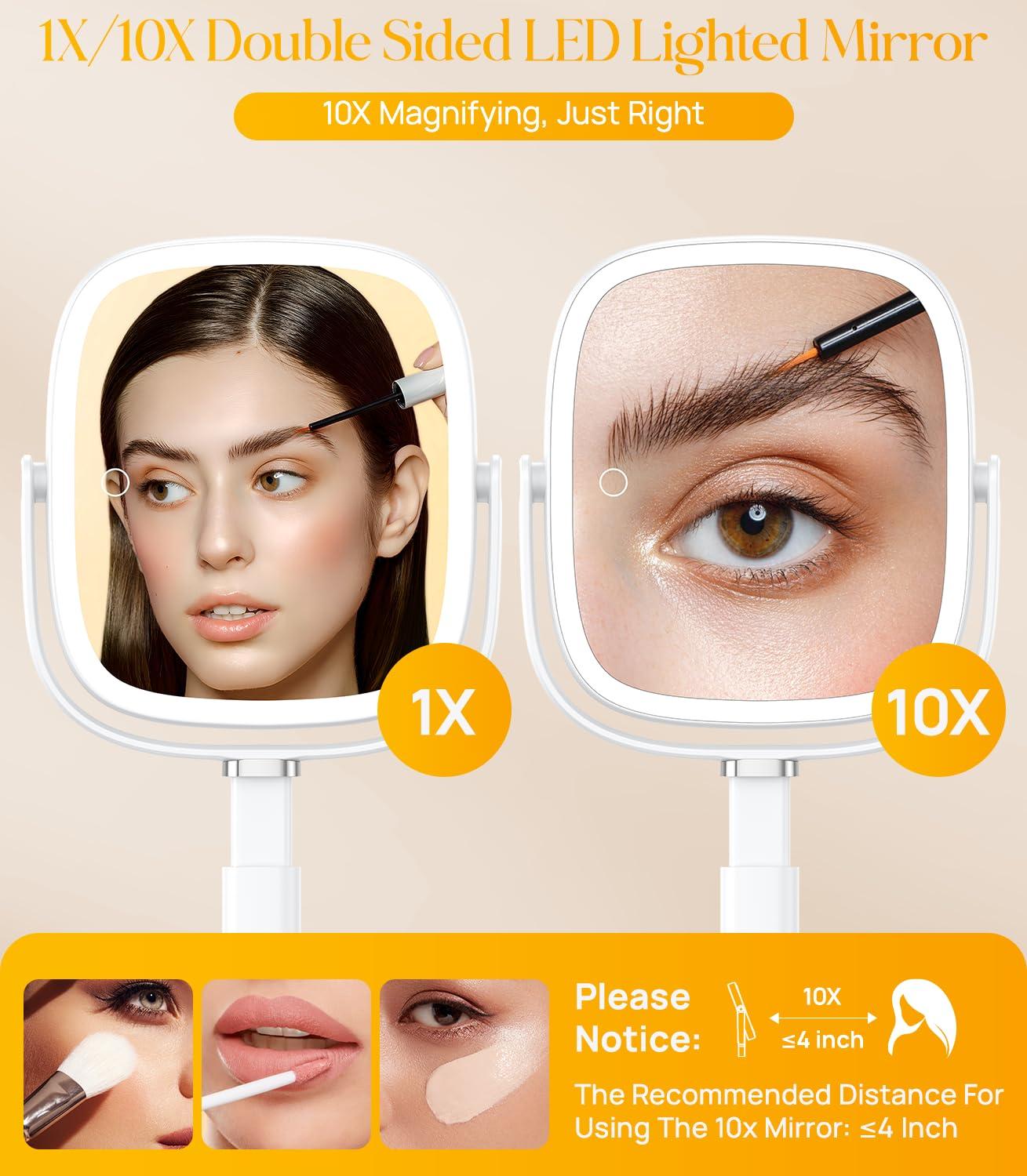 Gospire Rectangle Lighted Makeup Mirror with Magnification, 10X Magnifying Mirror with Lights 3 Color, Height Adjustable and 4000mAh Battery for Bedroom Bathroom, Large Surface for Women or Men- White - Image 5