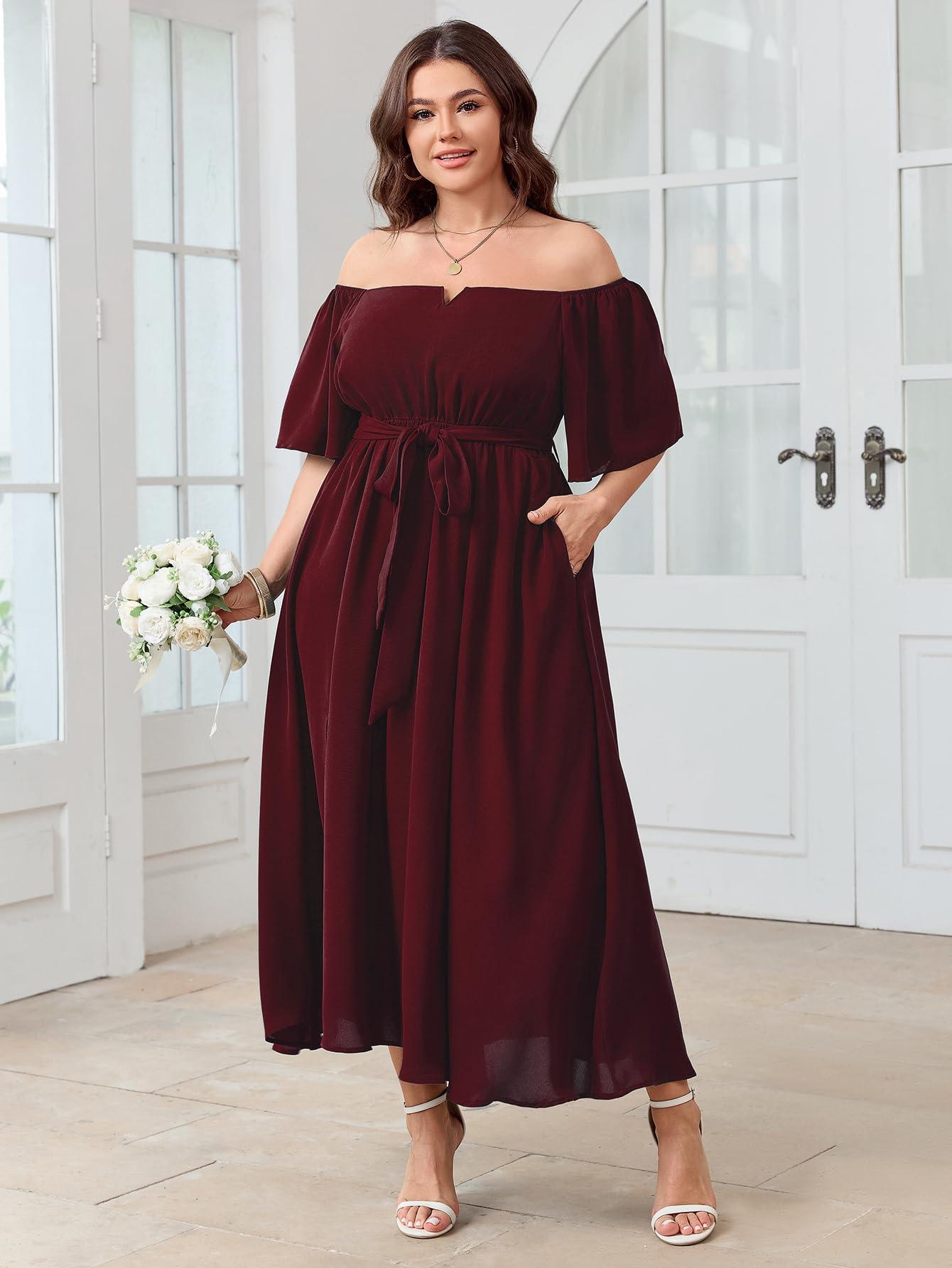 SCOMCHIC Womens Plus Size Formal Maxi Dress Off The Shoulder Wedding Guest Cocktail A-Line Split Long Dress with Pockets - Image 2