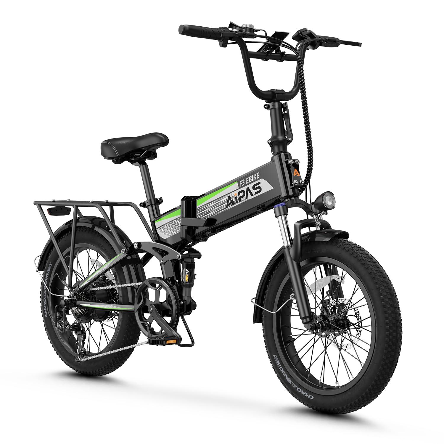 Aipas F3 Electric Bike for Adults with 1500W Motor Peak, 48V 12.8Ah Removable Battery Max 74 Miles 28MPH,20" x 3.0 Fat Tire Folding Electric Bike with 7-Speed and Full Suspension.