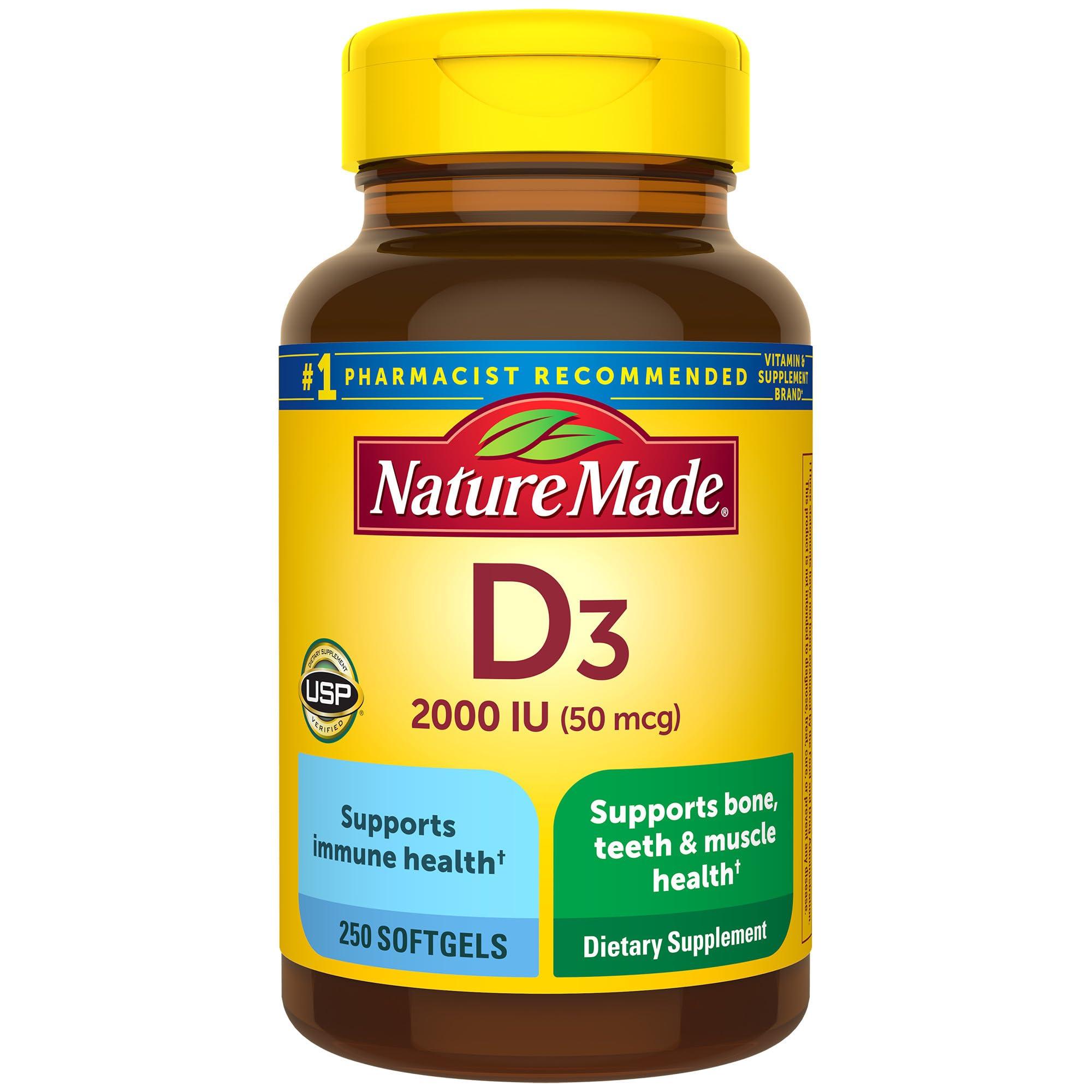 Nature Made Vitamin D3 2000 IU (50 mcg), Dietary Supplement for Bone, Teeth, Muscle and Immune Health Support, 250 Softgels, 250 Day Supply