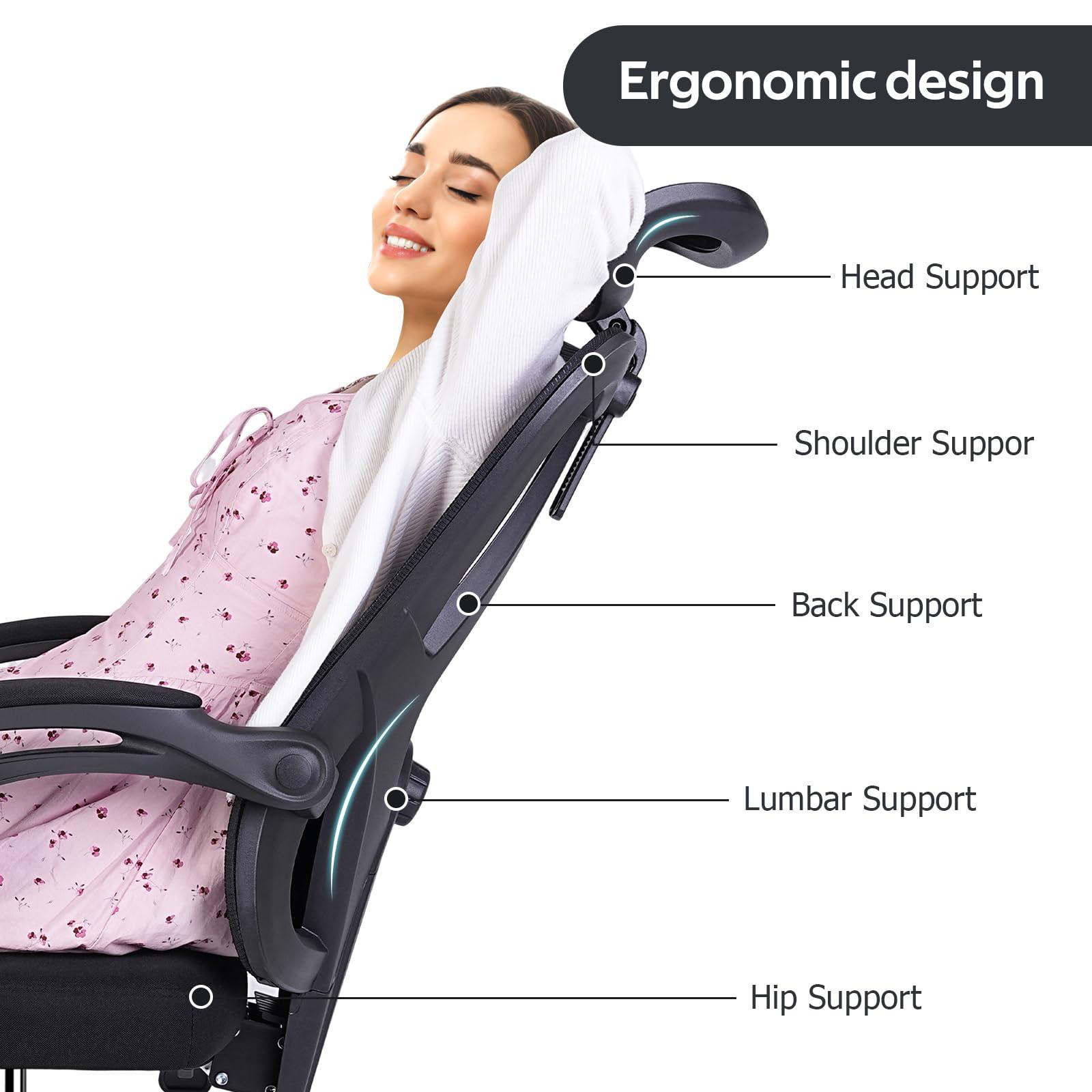 Ergonomic Office Chair - High-Back Home Office Chair with Headrest, Adjustable Arms, 90-135° Tilt Mechanism, Wide Seat Cushion, Large Size Mesh Chairs for Men and Women, Black Task Chair - Image 3
