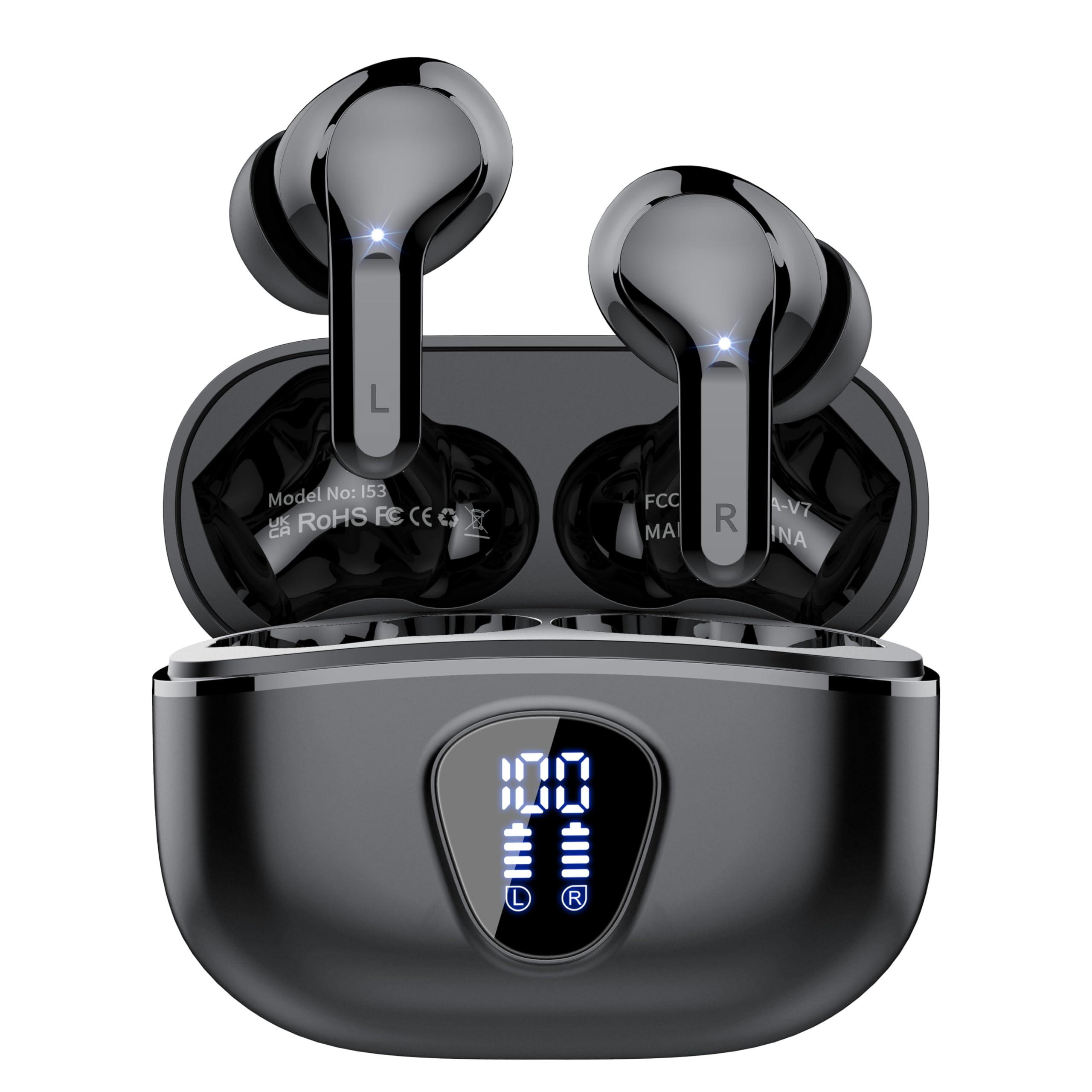 Wireless Earbuds, Bluetooth 5.3 Headphones HiFi Stereo, Bluetooth Earbuds with ENC Noise Cancelling Mic, IP7 Waterproof in Ear Earphones, 48H, LED Display Ear buds for Phones Workout, Mysterious Black