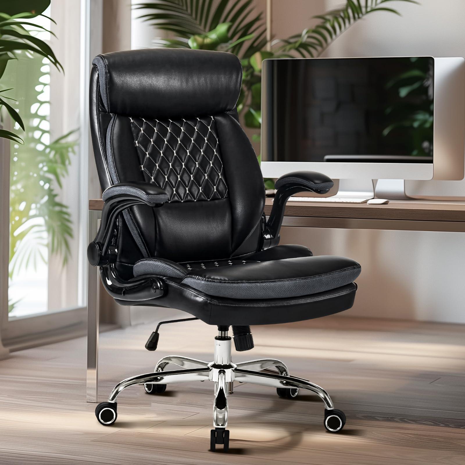 Executive Office Chair, Ergonomic Leather Office Chairs with Lumbar Support Flip-up Arms, Swivel Rolling High Back Comfy Computer Desk Chair for Home Office Furniture Conference Room, Black - Image 2
