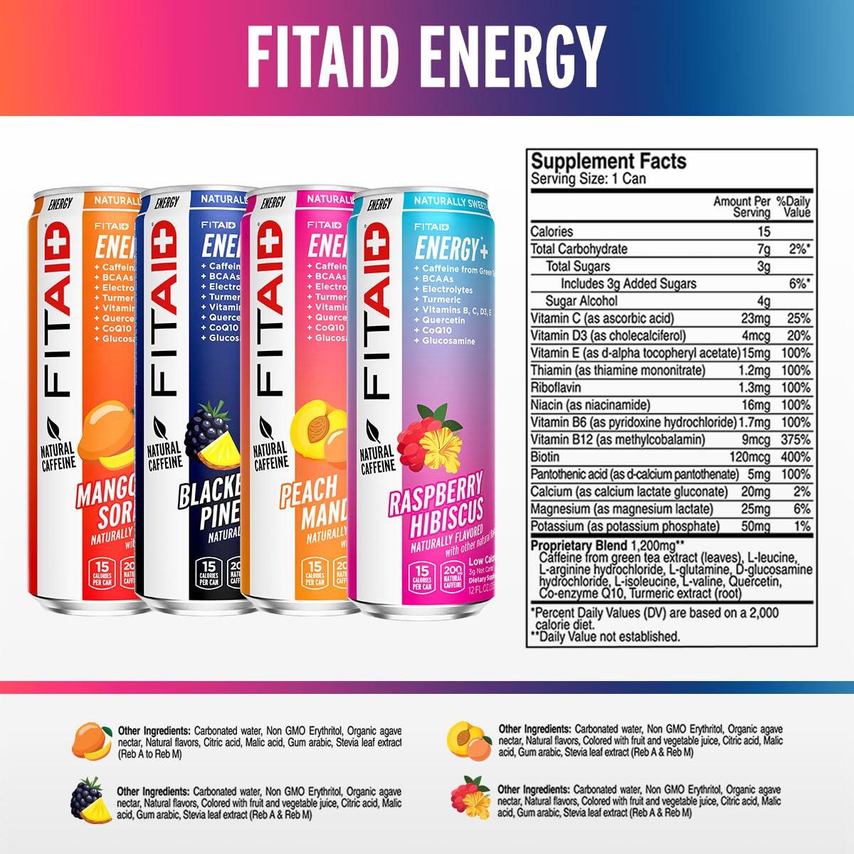 LIFEAID FITAID Energy, 200mg Natural Caffeine, Keto, Variety Pack, Optimum Performance Formula: BCAAs, Quercetin, Electrolytes, Omega-3s, 15 Calories, Paleo, Vegan & Gluten-Free, 12 Fl Oz (Pack of 12) - Image 2