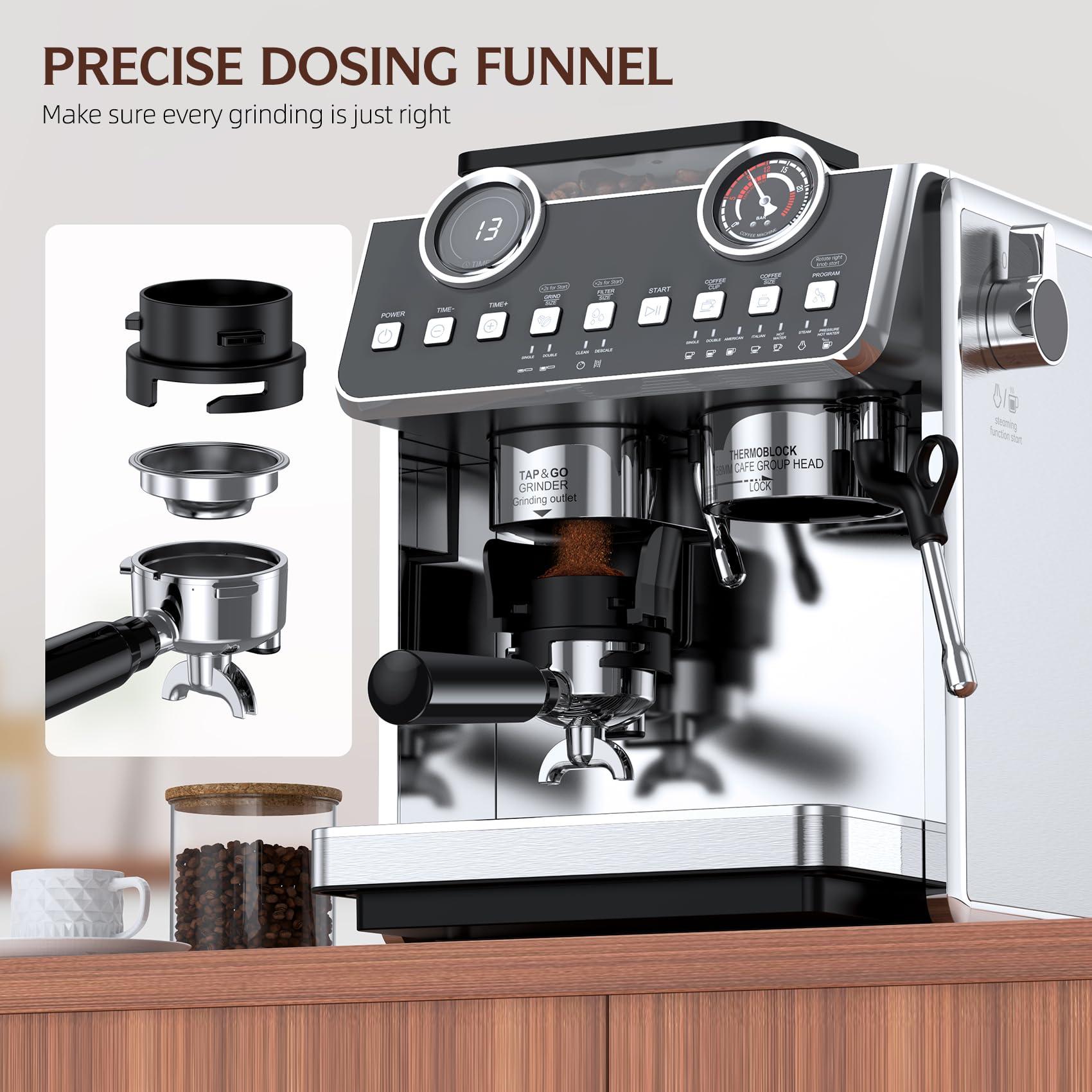 QJA Espresso Machine with Grinder, 20 Bar Pressure Professional Espresso Maker with 30 Grinding Settings, 58mm Portafilte, Anti-scalding Milk Frother Steam Wand for Latte Cappuccino (Stainless Steel) - Image 7
