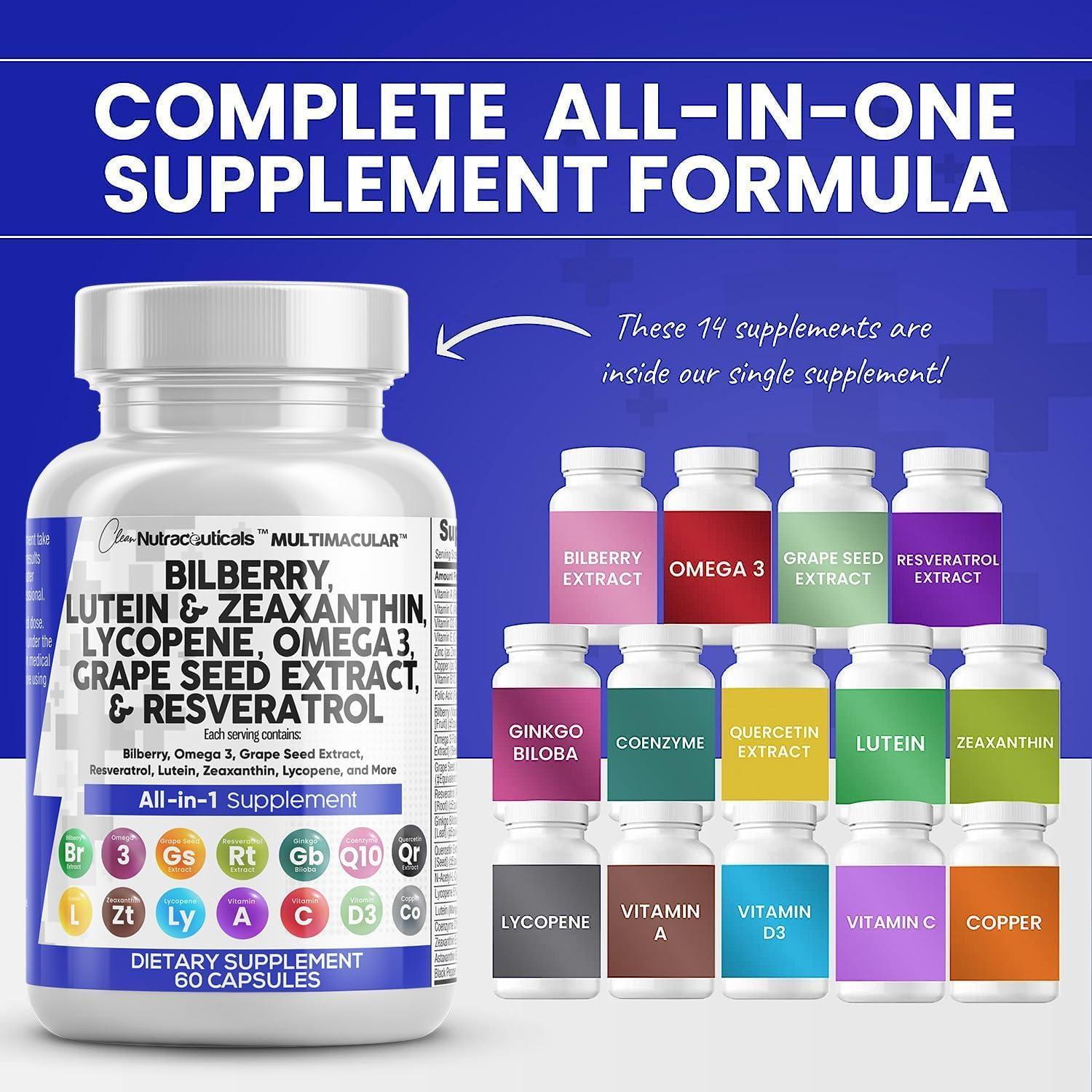 Clean Nutra Eye Vitamins with Bilberry Lutein and Zeaxanthin Supplements Lycopene 40mg Resveratrol Grape Seed Astaxanthin for Eyes - Eye Care Health Support Eye Vitamin and Mineral Supplement - Image 2