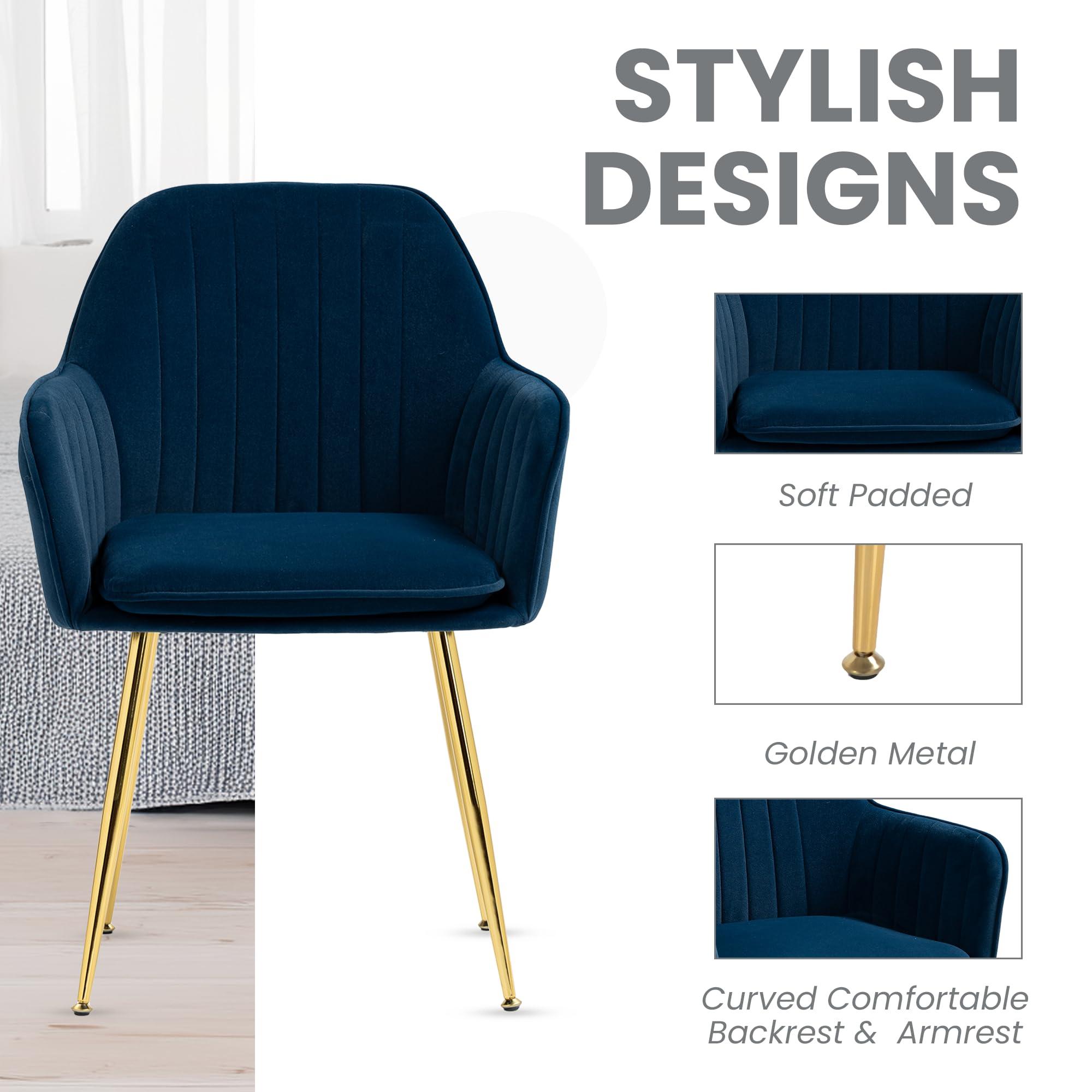 ECOTOUGE Matte Velvet Dining Chairs Set of 4, Modern Arm Chair with Golden Metal Legs, Living Room Accent Chairs for Kitchen, Blue - Image 4