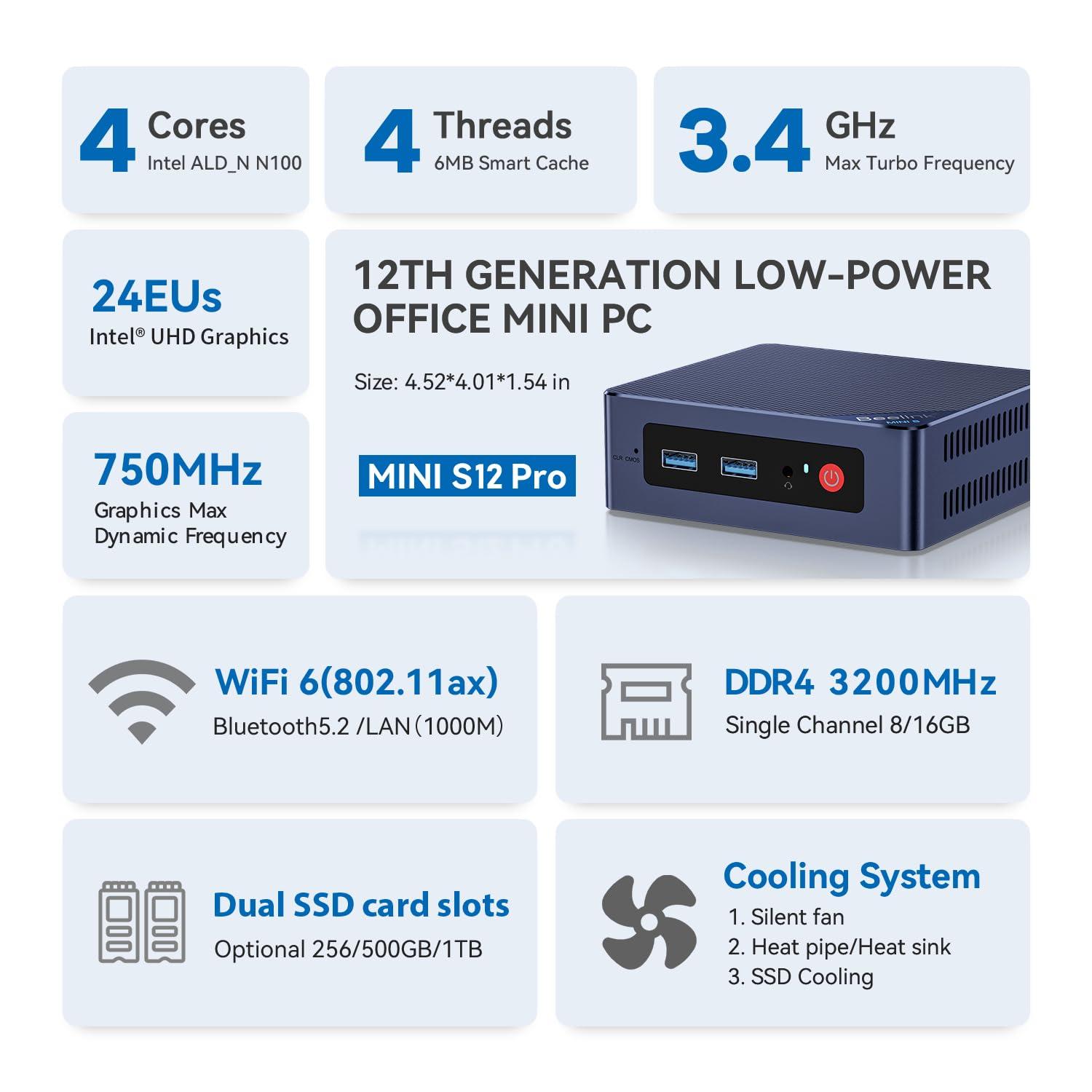 Beelink Mini S12 Pro Mini PC, Intel 12th Gen N100 (4C/4T, up to 3.4GHz), 16GB DDR4, 500GB SSD, Desktop Computer Support Dual HDMI 4K@60Hz, WiFi 6, BT5.2, NAS, Low Power - Image 2