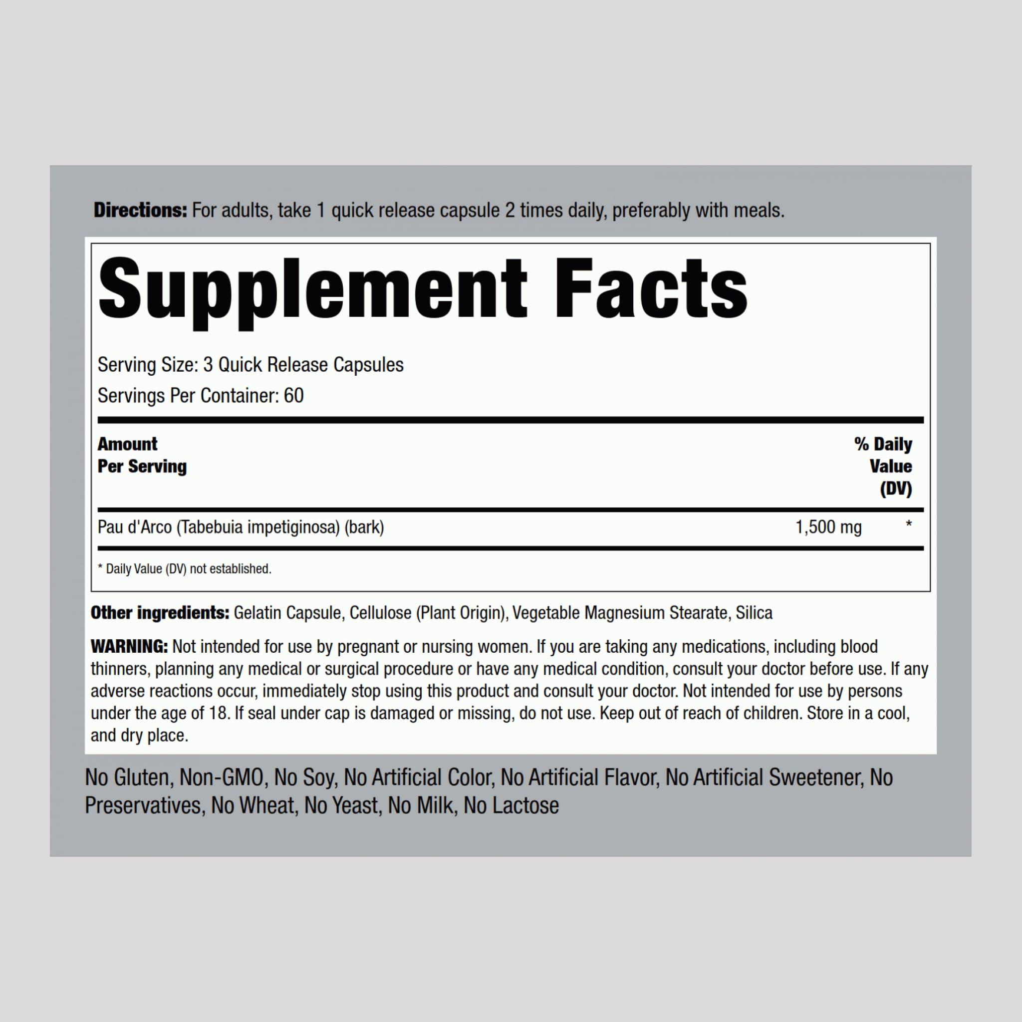 Piping Rock PAU D'Arco Capsules | 1500 mg | 180 Pills | Inner Bark | Herb Extract Supplement | Non-GMO, Gluten Free - Image 2