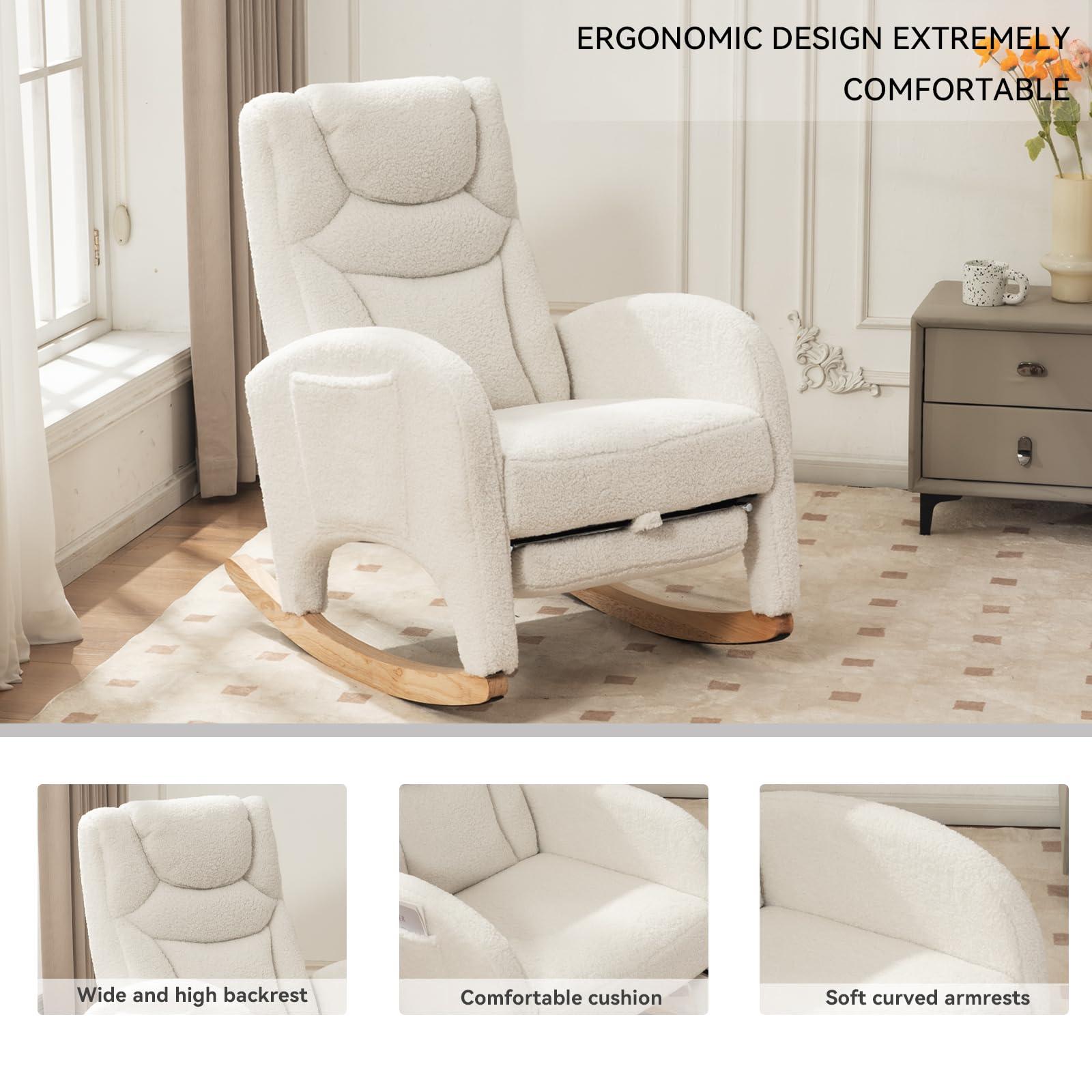FOXHUNTER Rocking Chair Nursery, Modern Glider Chair with Adjustable Footrest and Solid Wood Legs, High Backrest Nursery Chair with Side Pocket, Rocker Armchair for Living Room Bedroom, Teddy Ivory - Image 6