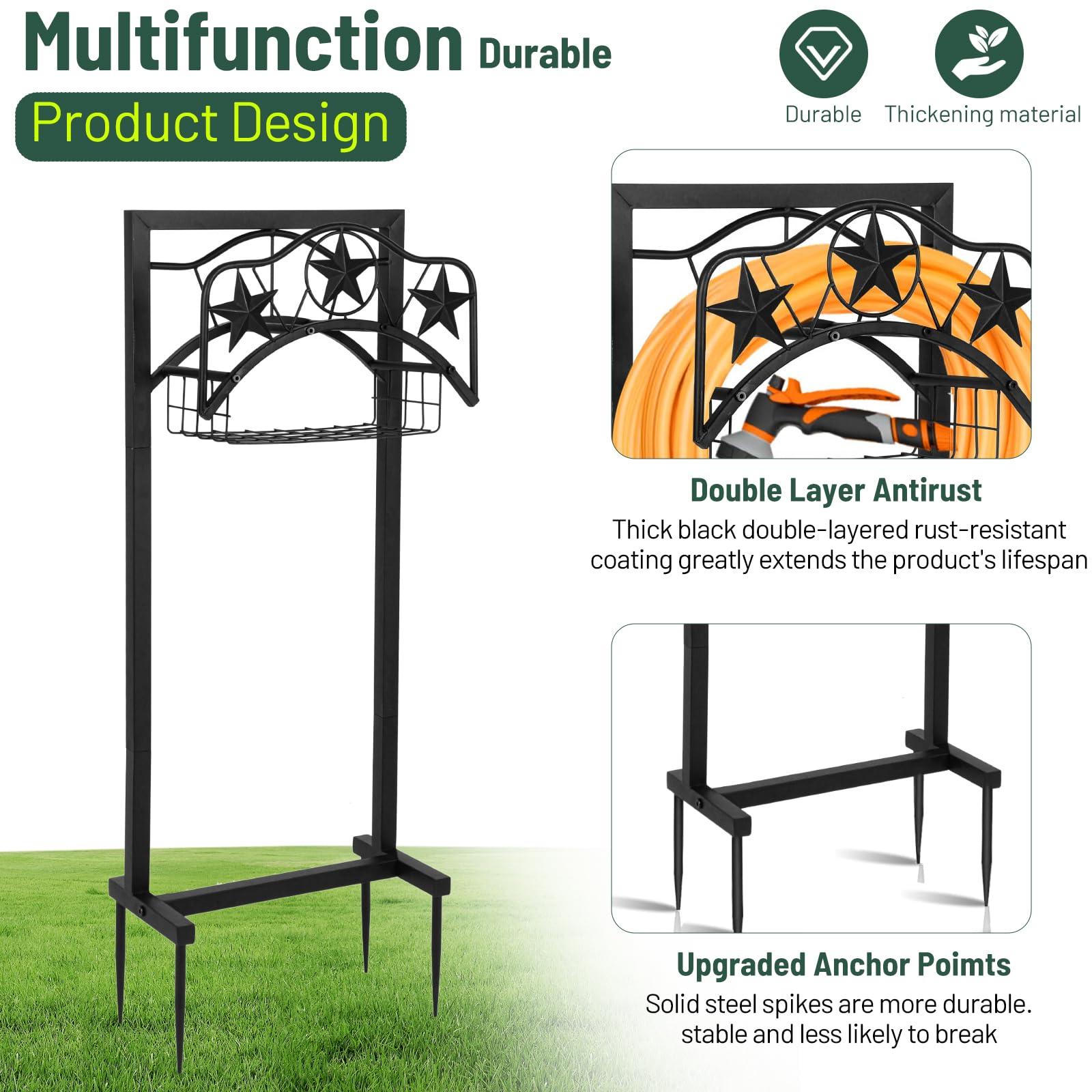 CLIBFENG Garden Hose Holder for Outside, Upgraded Freestanding Water Hose Holder with 4 Spikes, Heavy Duty rustproof Metal Garden Hose Cart for Outside, Black - Image 9