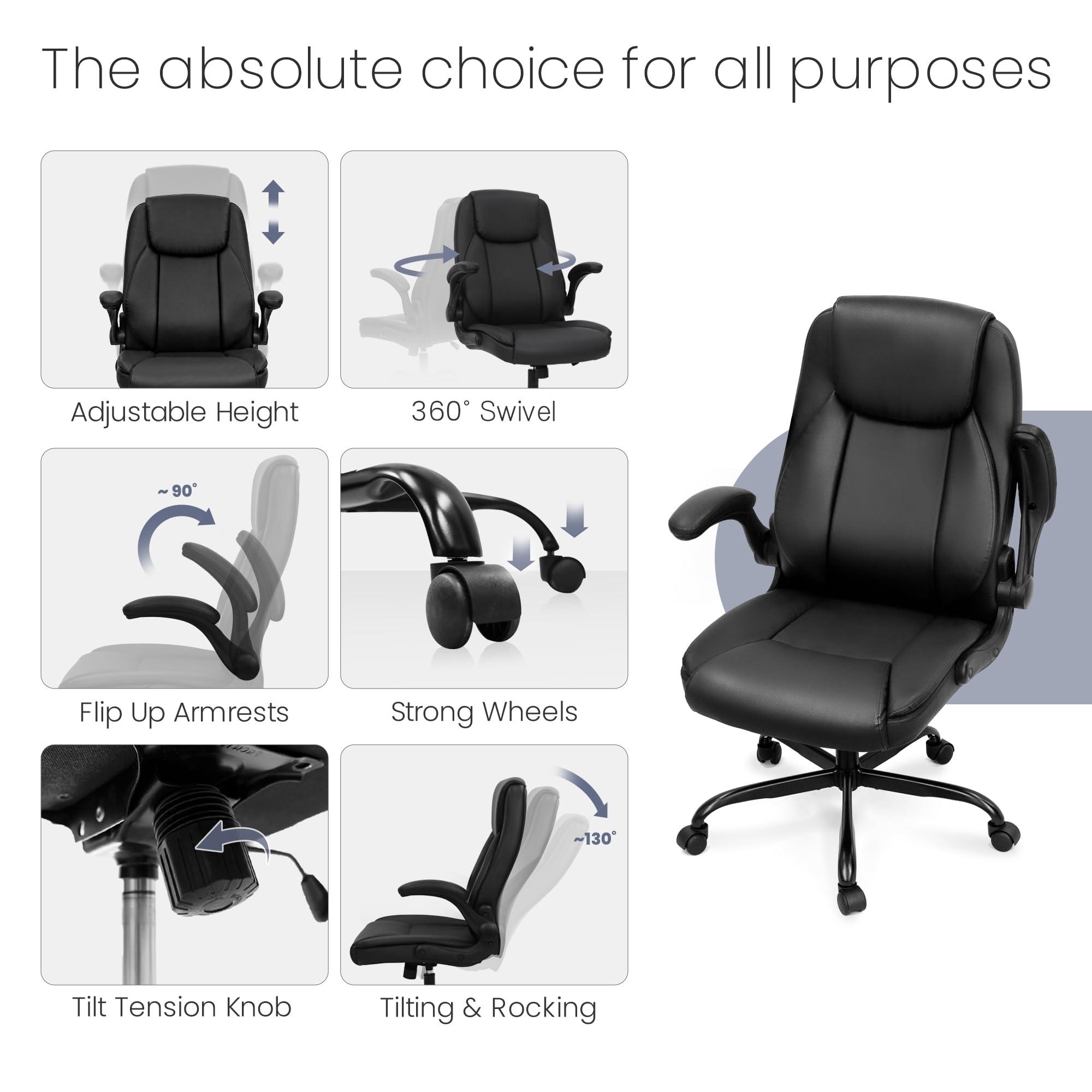 NEO CHAIR Ergonomic Office Desk Gaming Computer Chair Executive High Back Support Flip-up Arms Adjustable Height Swivel Rolling Wheels Comfy PU Leather for Home (Black) - Image 7