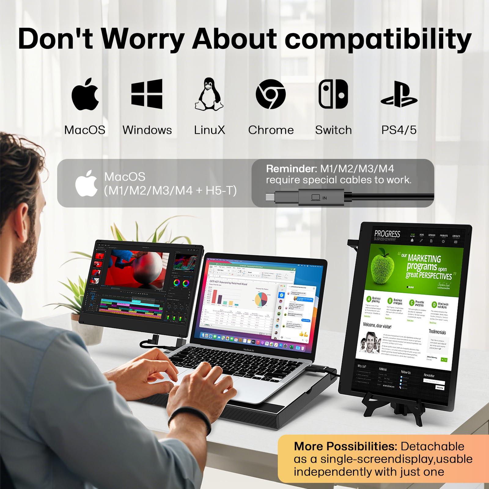 14" Laptop Screen Extender Smart Base - Upgraded Triple Portable Monitor FHD 1080P -300% More Efficient, 360° Rotation/Detachable Dual Display, Plug-Play USB C/HDMI,Laptop Monitor Extender for Win/Mac - Image 4